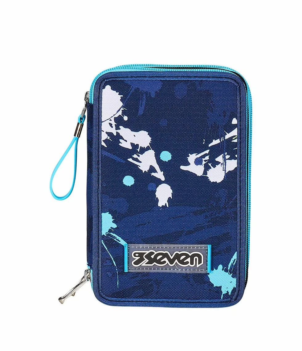 Seven Astuccio Scuola Elementare, 3 scomparti, Medie, con Matite, Pennarelli, Penne, 3 Zip, Spotty Blue, Bambino, Ragazzo, blu/bianco
