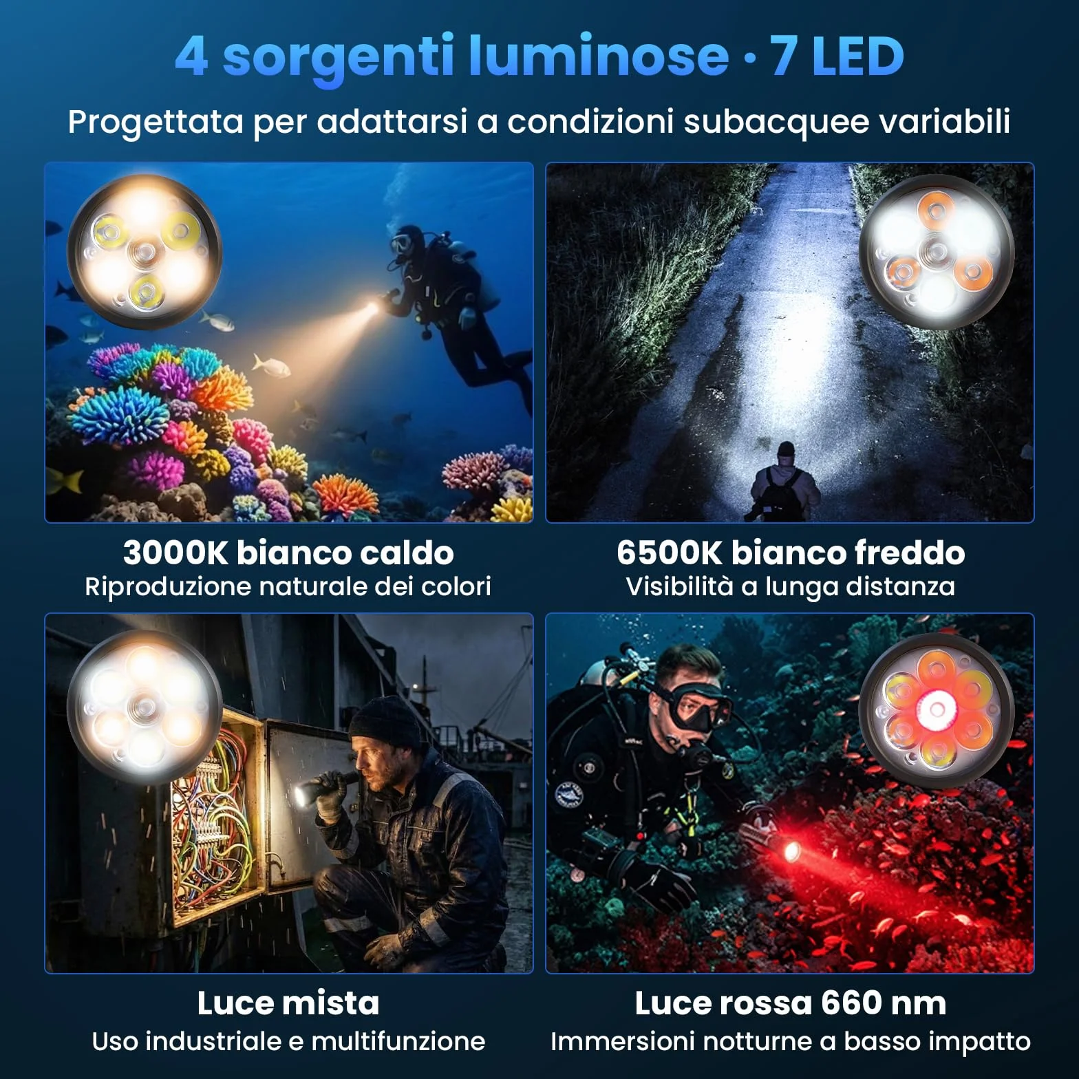 Sofirn SD11 Lampada Subacquea 5000LM CRI 90 Ricaricabile Luce Rossa 660NM 3000K-6500K USB-C IPX8 1/4" Filettatura