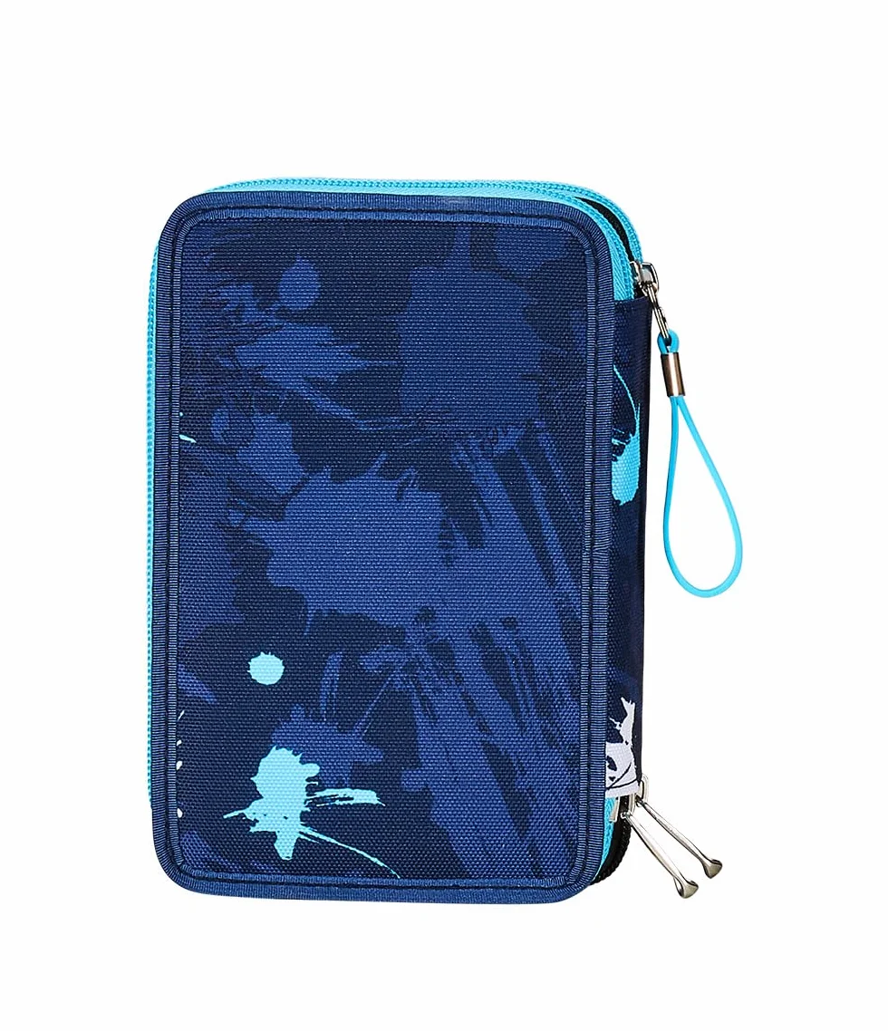 Seven Astuccio Scuola Elementare, 3 scomparti, Medie, con Matite, Pennarelli, Penne, 3 Zip, Spotty Blue, Bambino, Ragazzo, blu/bianco