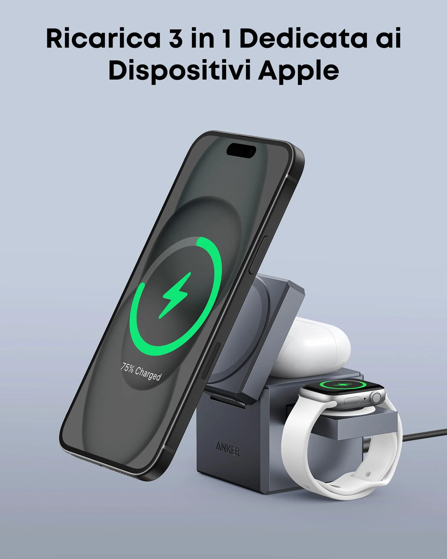 Anker MagGo Caricatore Wireless iPhone Cube 3 in 1 con MagSafe 15W, Caric Wireless Richiudibile Ricarica Rapida Max 15W, iPhone 17 Pro Max/Serie 16-12, Apple Watch, AirPods Pro (con Caric USB C 30W)