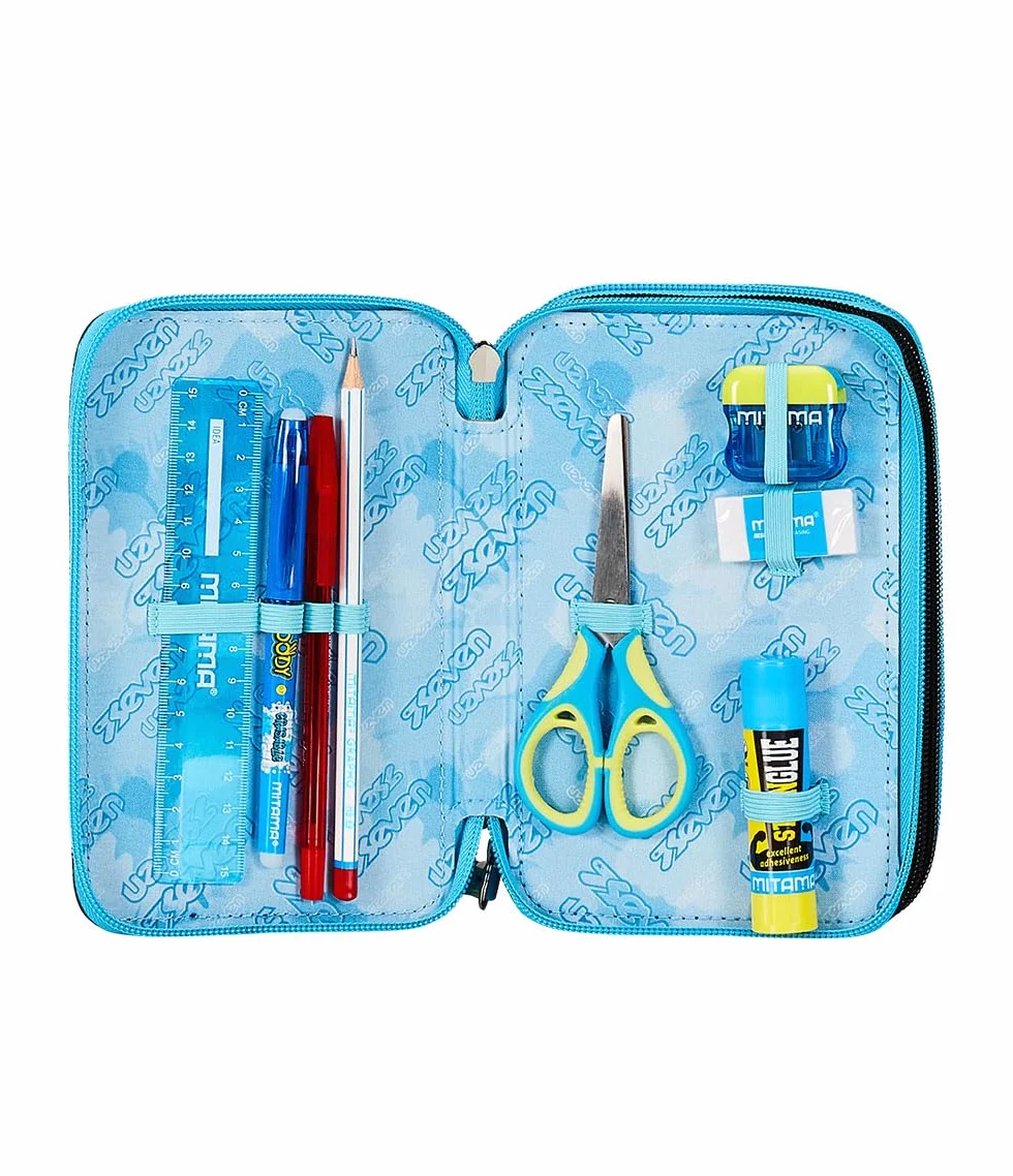 Seven Astuccio Scuola Elementare, 3 scomparti, Medie, con Matite, Pennarelli, Penne, 3 Zip, Spotty Blue, Bambino, Ragazzo, blu/bianco