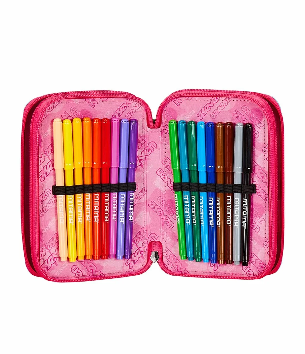 Seven Astuccio Scuola Elementare, 3 scomparti, Medie, con Matite, Pennarelli, Penne, 3 Zip, Jump Love, Bambina e Ragazza, multicolore