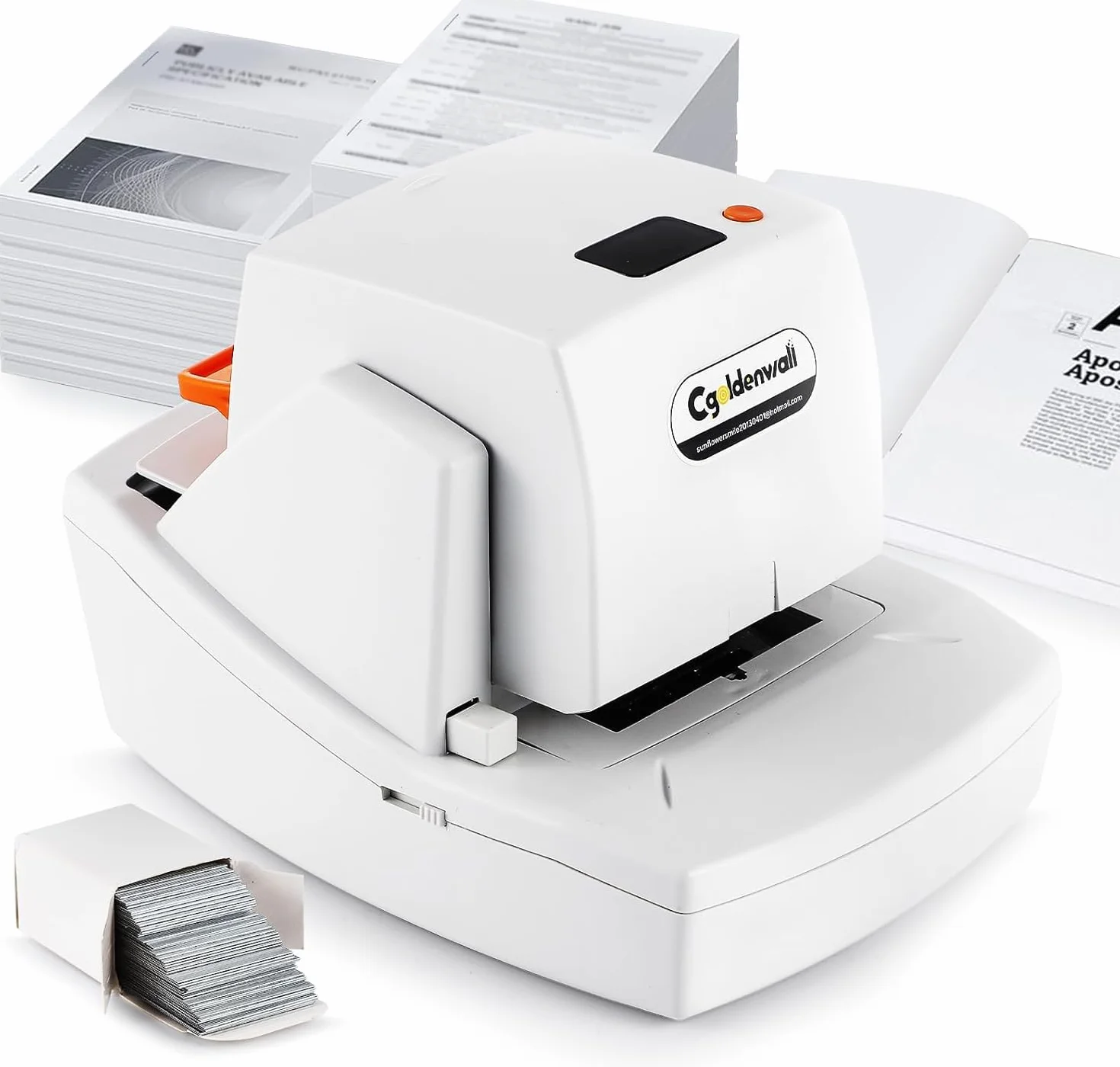 CGOLDENWALL Cucitrice Elettrica Automatica per Uso Intensivo, Capacità 60-65 Fogli, Cucitura Piatta Senza Inceppamenti, Velocità e Margine Regolabili, Cartuccia da 4000 Punti Metallici