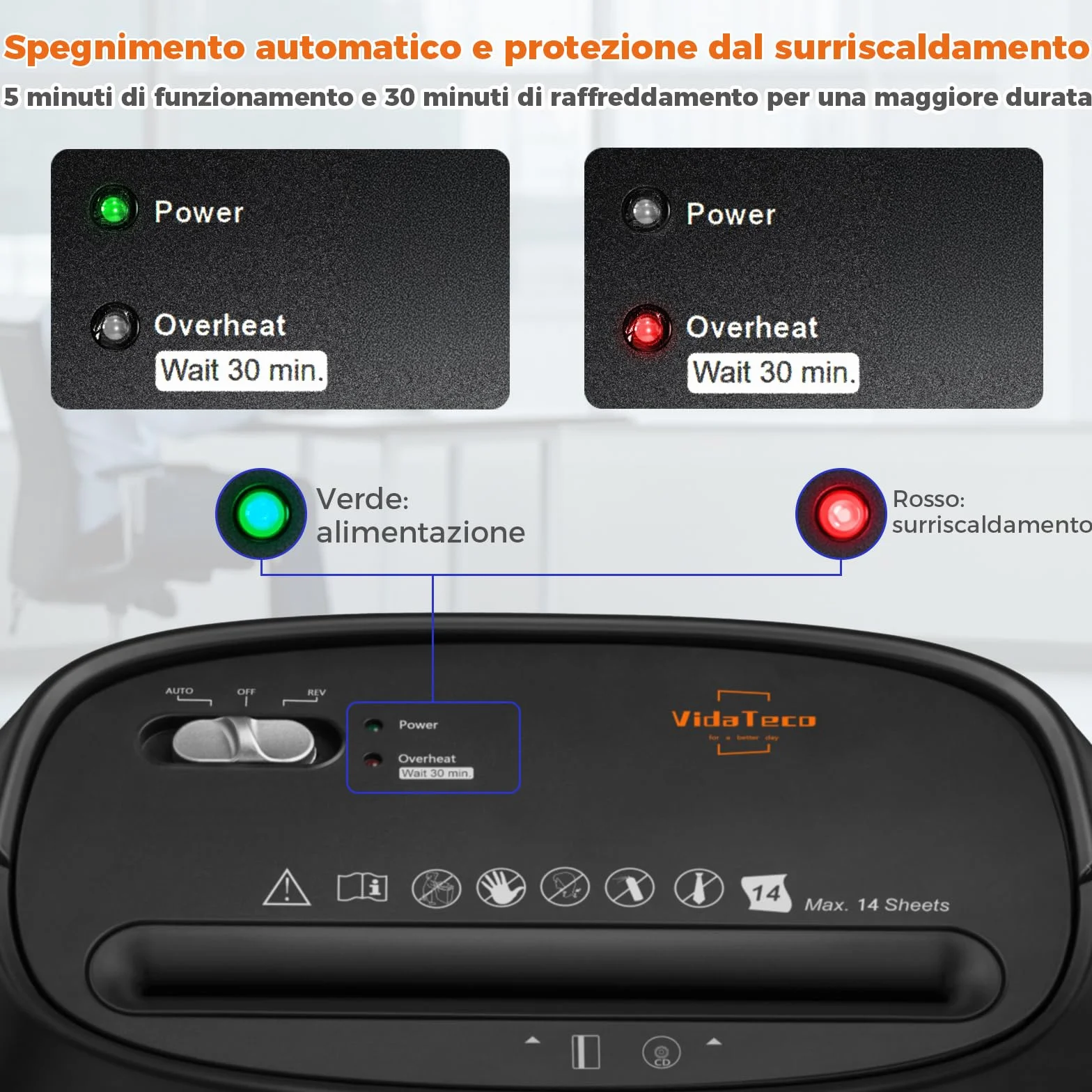 Tritacarte Distruggi documenti ufficio, VidaTeco Trituratore a 14 Fogli a Taglio Incrociato con Funzione Distruggi CD e Carte di Credito, Design con Impugnatura Portatile e Cestino da 25 litri