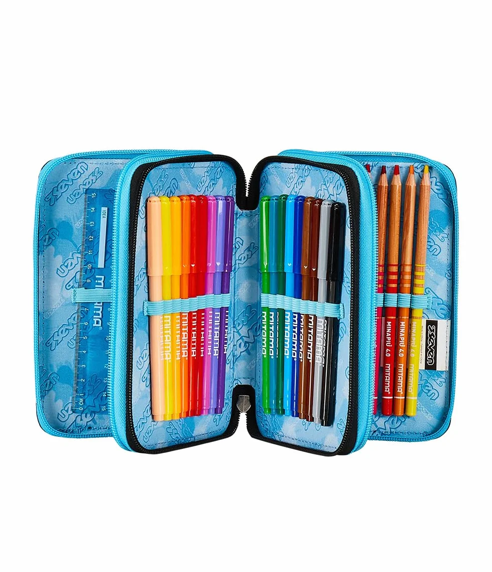 Seven Astuccio Scuola Elementare, 3 scomparti, Medie, con Matite, Pennarelli, Penne, 3 Zip, Spotty Blue, Bambino, Ragazzo, blu/bianco