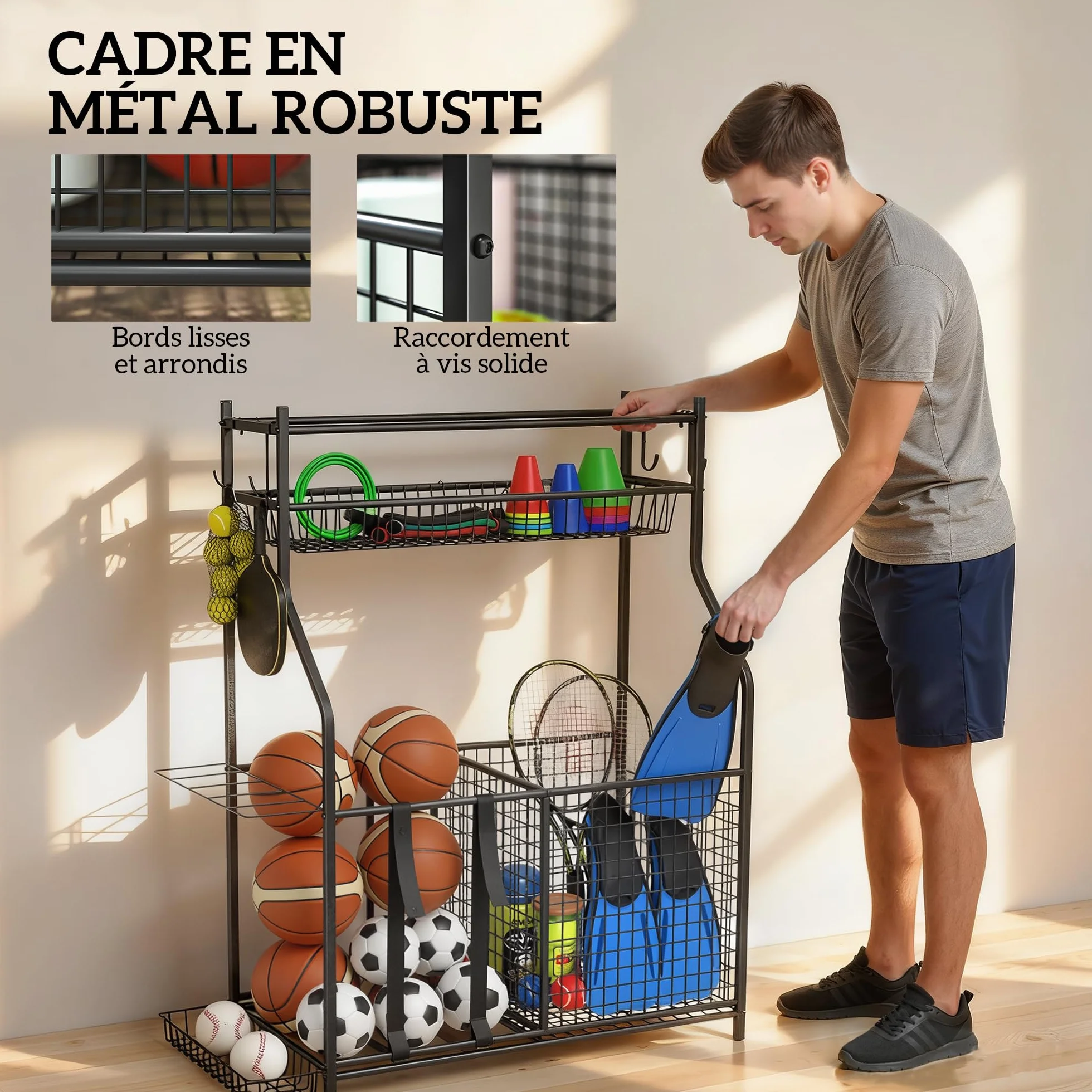 SPORTNOW Contenitore per Attrezzature Sportive, Organizzatore con Cestini e Ganci, Nero