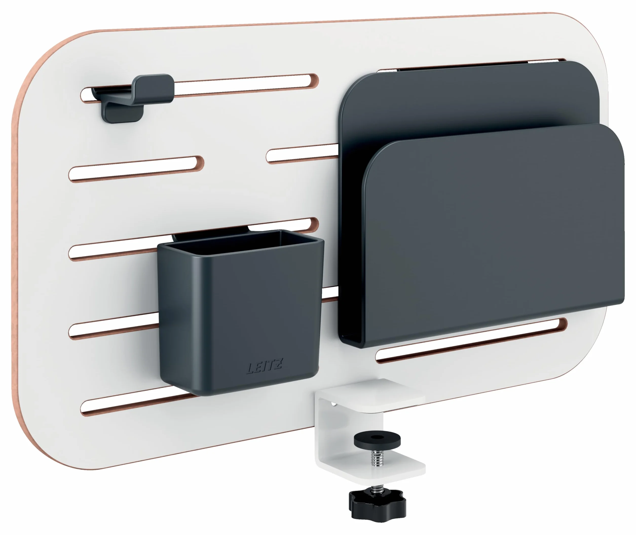 Leitz Ergo Organizer con Pannello Forato per Scrivanie dallo Spessore Massimo di 35 mm, Include Gancio per Cuffie, Portapenne e Porta Blocco per Note, 42 cm x 25 cm, Gamma Ergo, Bianco, 65480000