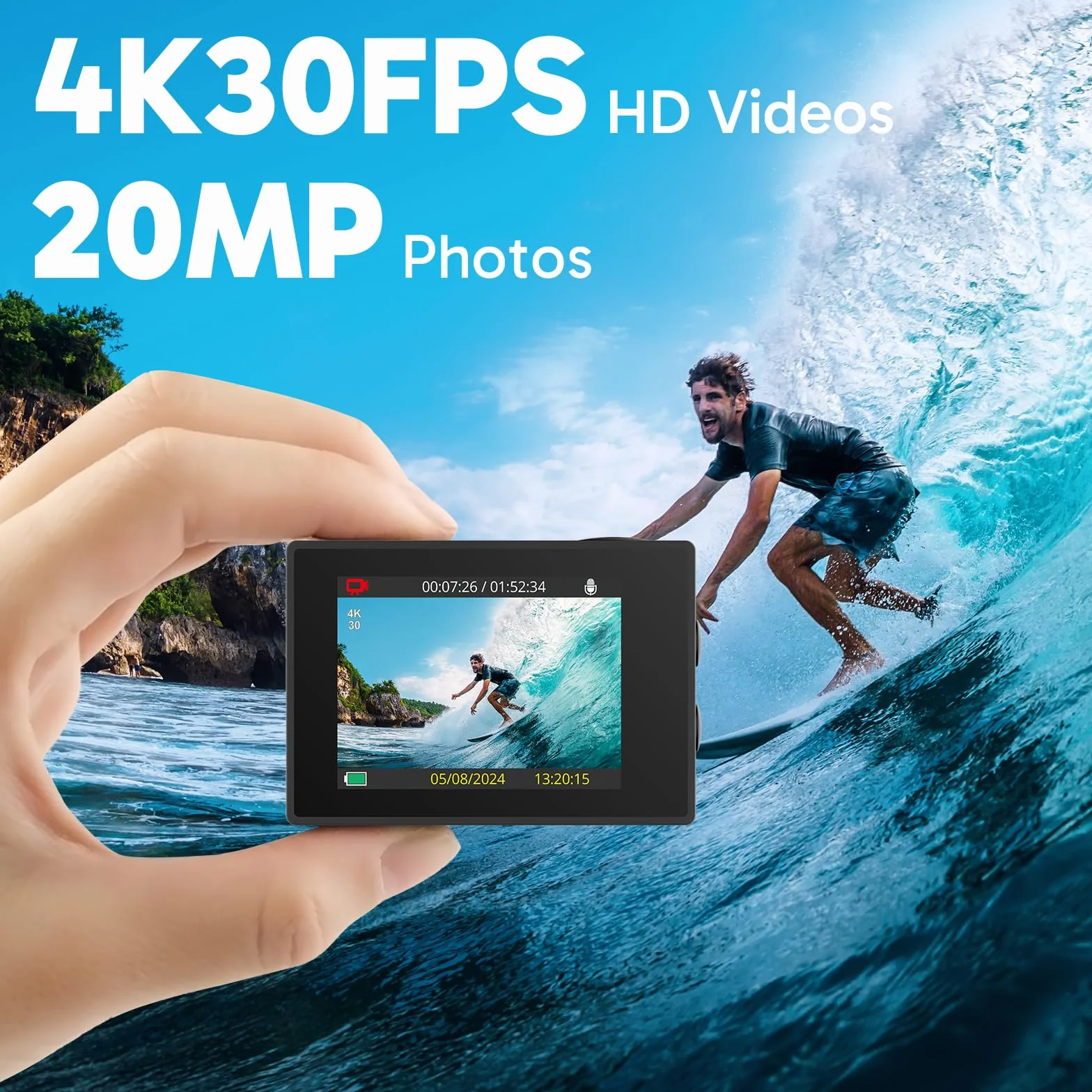 AKASO EK7000 Action Cam 4K WiFi Impermeabile 30M con Scheda 64GB, Fotocamera Subacquea WiFi 20MP, Microfono Esterno, Telecomando, 2 Batterie 1050 mAh, Accessori per Sport