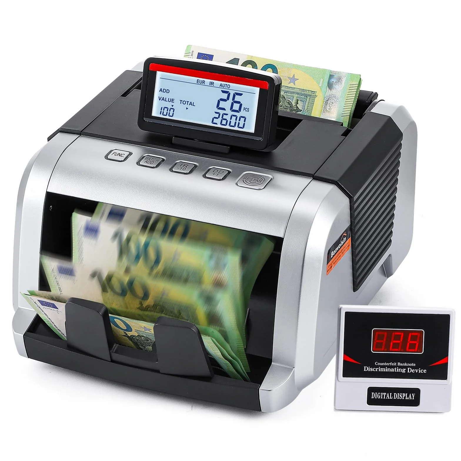 Bonvoisin Conta Banconote, Conteggio di Valore per Banconote Ordinate, Macchina Conta Soldi con Rilevamento di Contraffazione UV/MG/IR, 1000 Pezzi/Min Contabanconote con Display Pieghevole e Ruotabile