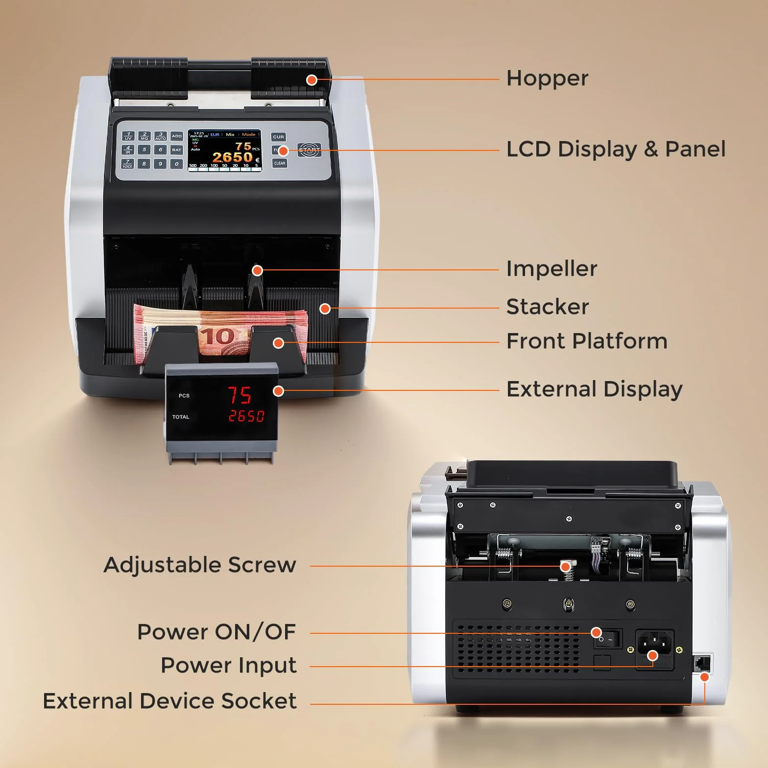 Bonvoisin Conta Banconote Professionale, Conteggio del Valore per Banconote Miste in EUR, Macchina Conta Soldi con Rivelazione di Falsi UV/MG/IR, 1000 Pezzi/Min, Contabanconote con Display Esterno