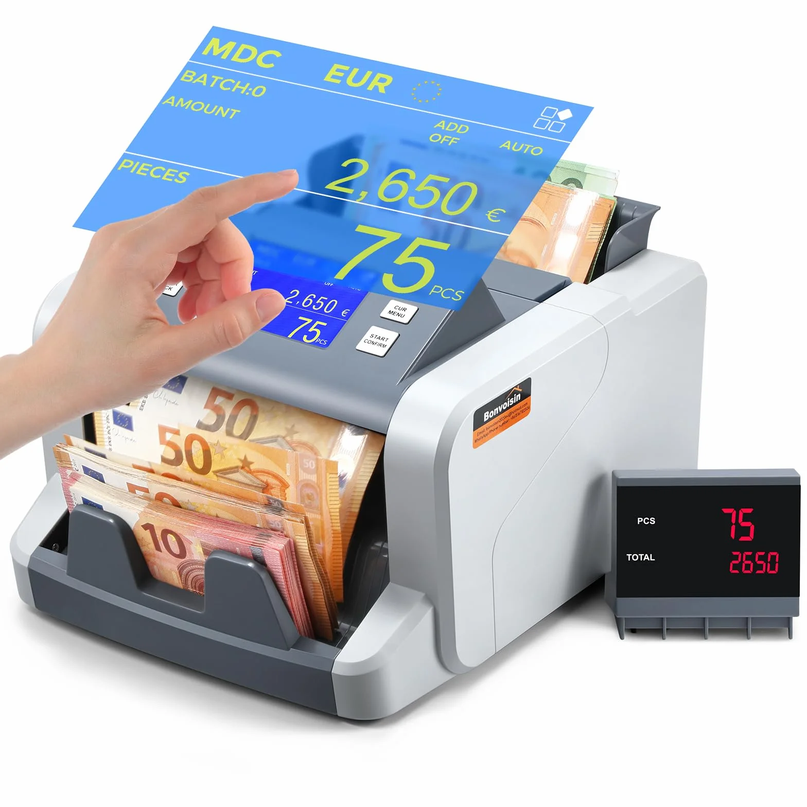 Bonvoisin Conta Banconote Professionale, Conteggio del Valore per Tagli Misti, Macchina Conta Soldi con Rivelazione di Falsi 1CIS/UV/IR/MG, Contabanconote Schermo Tattile,1500 Banconote/Min