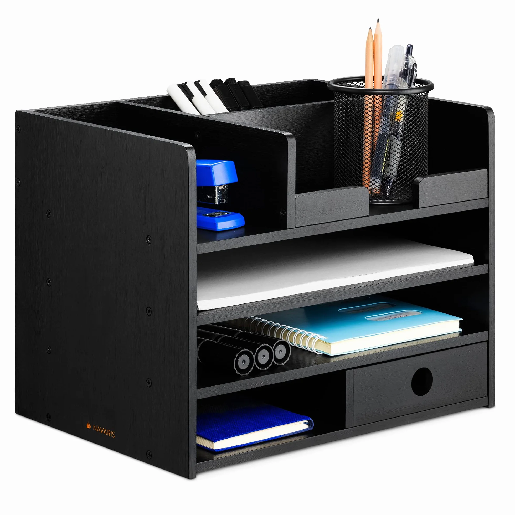 Navaris Desk Organizer Porta Oggetti Scrivania Ufficio - Minicassettiera Porta lettere Legno Bambù 33x24x26cm- Organizzatore Cancelleria a Cassettini