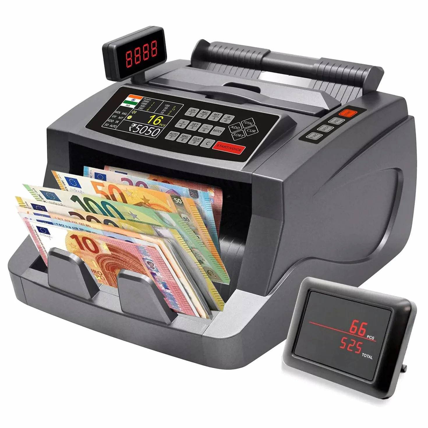 Contatore di banconote con display a LED, conteggio valori misti in euro con rilevamento delle banconote false UV/MG/IR, conta 1000 banconote al minuto