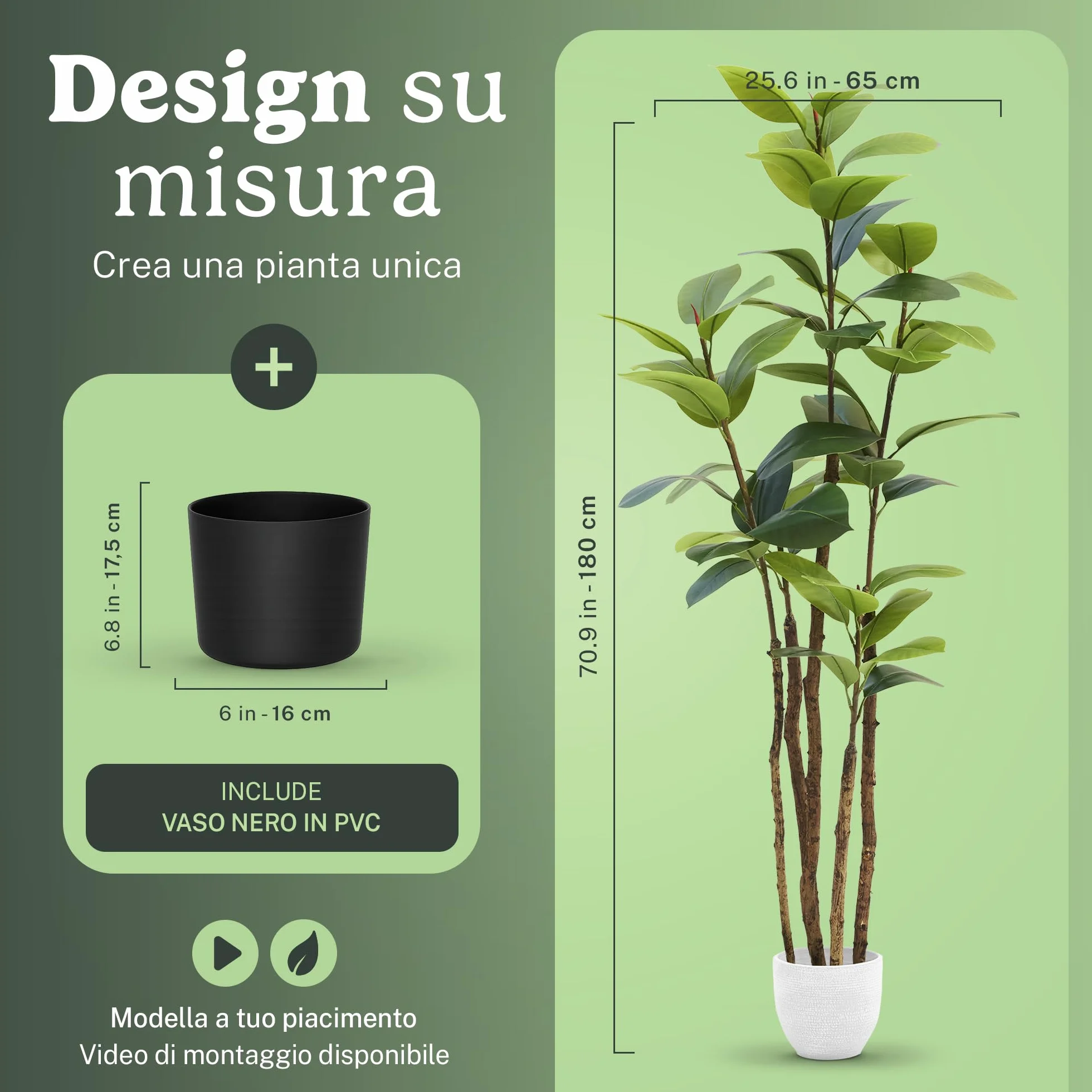 Ficus artificiale 180 cm, pianta finta grande da interno Ficus Elastica iperrealistica, albero decorativo
