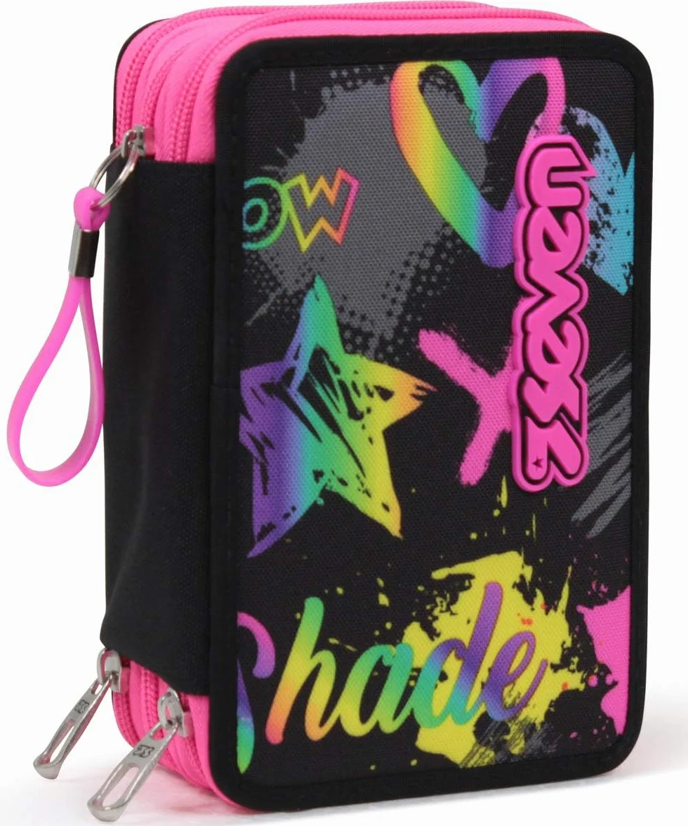 Seven Astuccio Scuola Elementare, 3 scomparti, Medie, con Matite, Pennarelli, Penne, 3 Zip, Iridescent, Bambina e Ragazza, rosa/nero