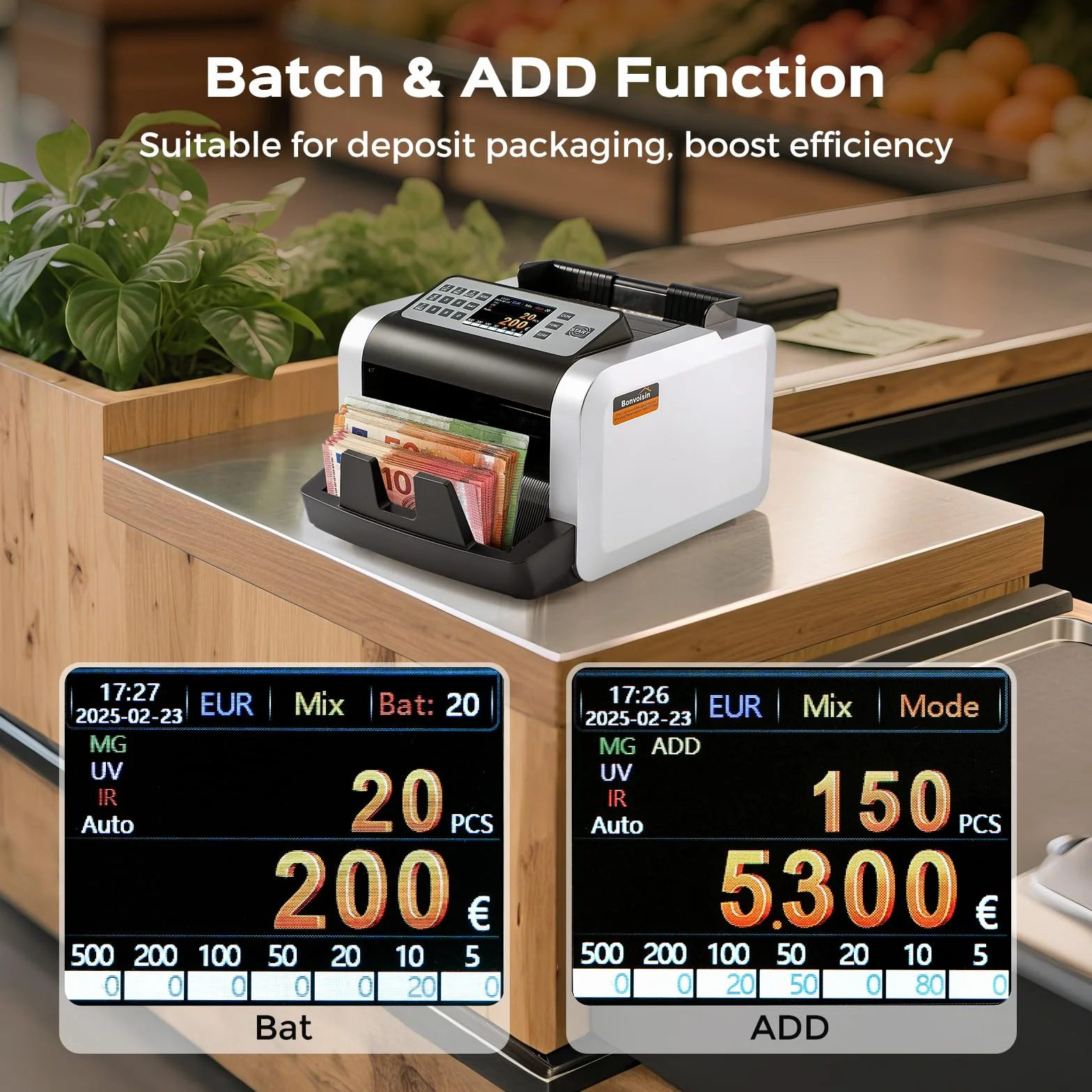 Bonvoisin Conta Banconote Professionale, Conteggio del Valore per Banconote Miste in EUR, Macchina Conta Soldi con Rivelazione di Falsi UV/MG/IR, 1000 Pezzi/Min, Contabanconote con Display Esterno