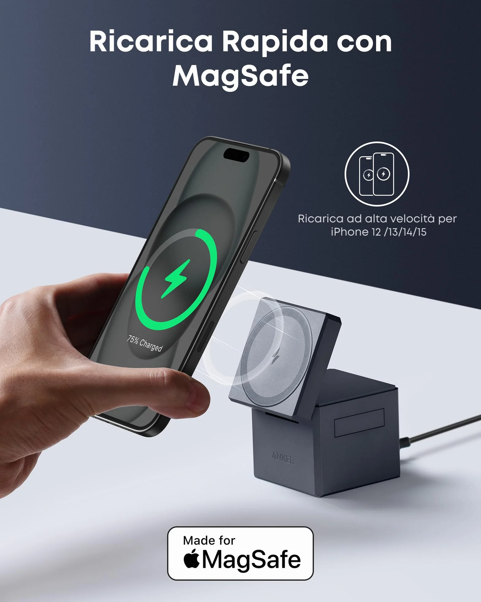 Anker MagGo Caricatore Wireless iPhone Cube 3 in 1 con MagSafe 15W, Caric Wireless Richiudibile Ricarica Rapida Max 15W, iPhone 17 Pro Max/Serie 16-12, Apple Watch, AirPods Pro (con Caric USB C 30W)