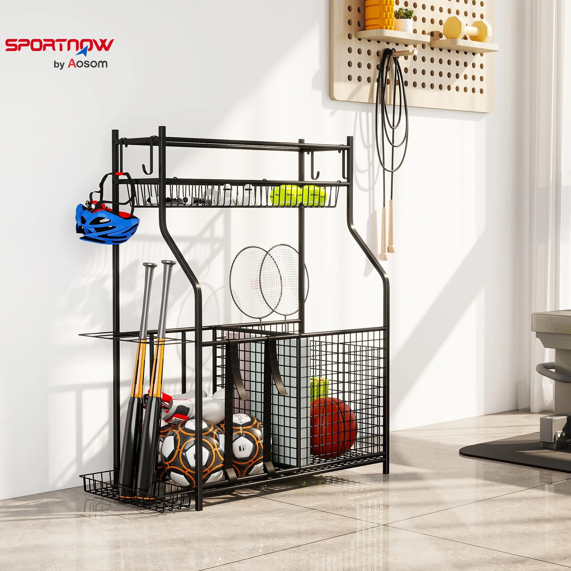 SPORTNOW Contenitore per Attrezzature Sportive, Organizzatore con Cestini e Ganci, Nero