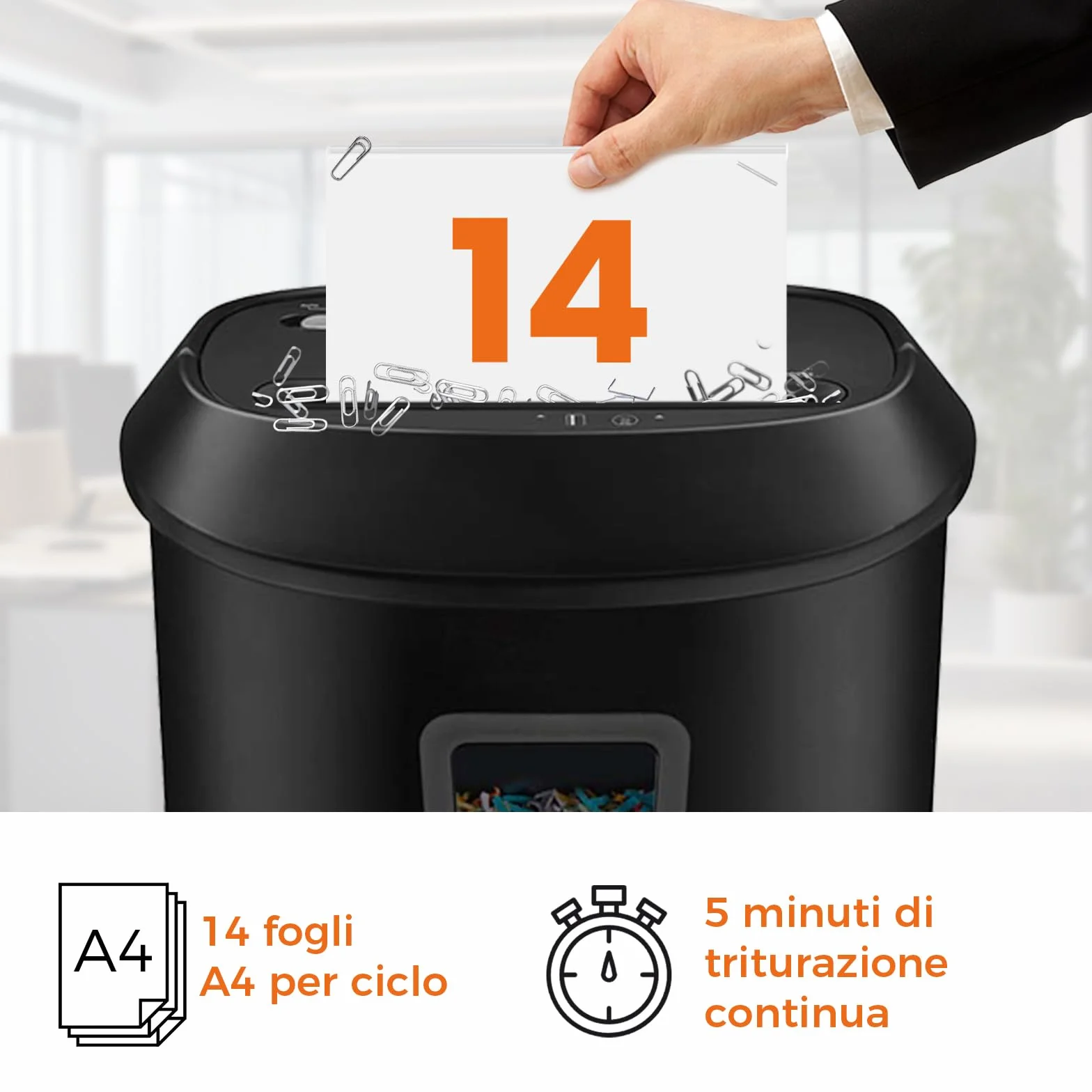 Tritacarte Distruggi documenti ufficio, VidaTeco Trituratore a 14 Fogli a Taglio Incrociato con Funzione Distruggi CD e Carte di Credito, Design con Impugnatura Portatile e Cestino da 25 litri