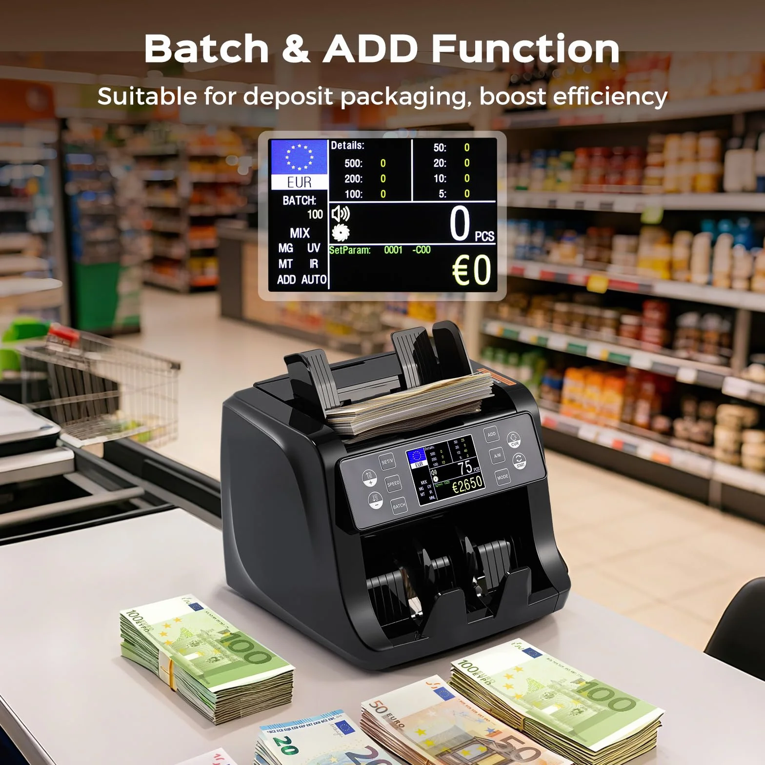 Bonvoisin Conta Banconote, Conteggio del Valore per Banconote Miste in Euro con Rilevamento di Contraffazione UV/MG/IR/MT, 1500 Pezzi/min, Macchina Conta Soldi Professionale con TFT e Display Esterno