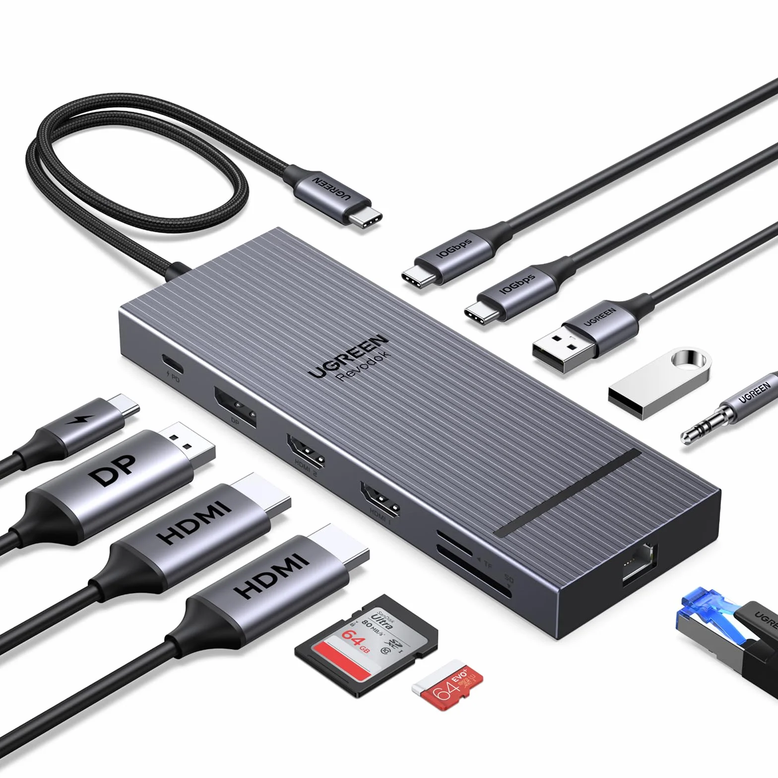 UGREEN Revodok Pro 3121 10Gbps Hub USB C Doppio HDMI 4K60Hz DisplayPort 4K120Hz 12 In 1 Docking Station USB C PD 100W Adattatore Ethernet Lettore di Schede SD TF Jack 3.5mm