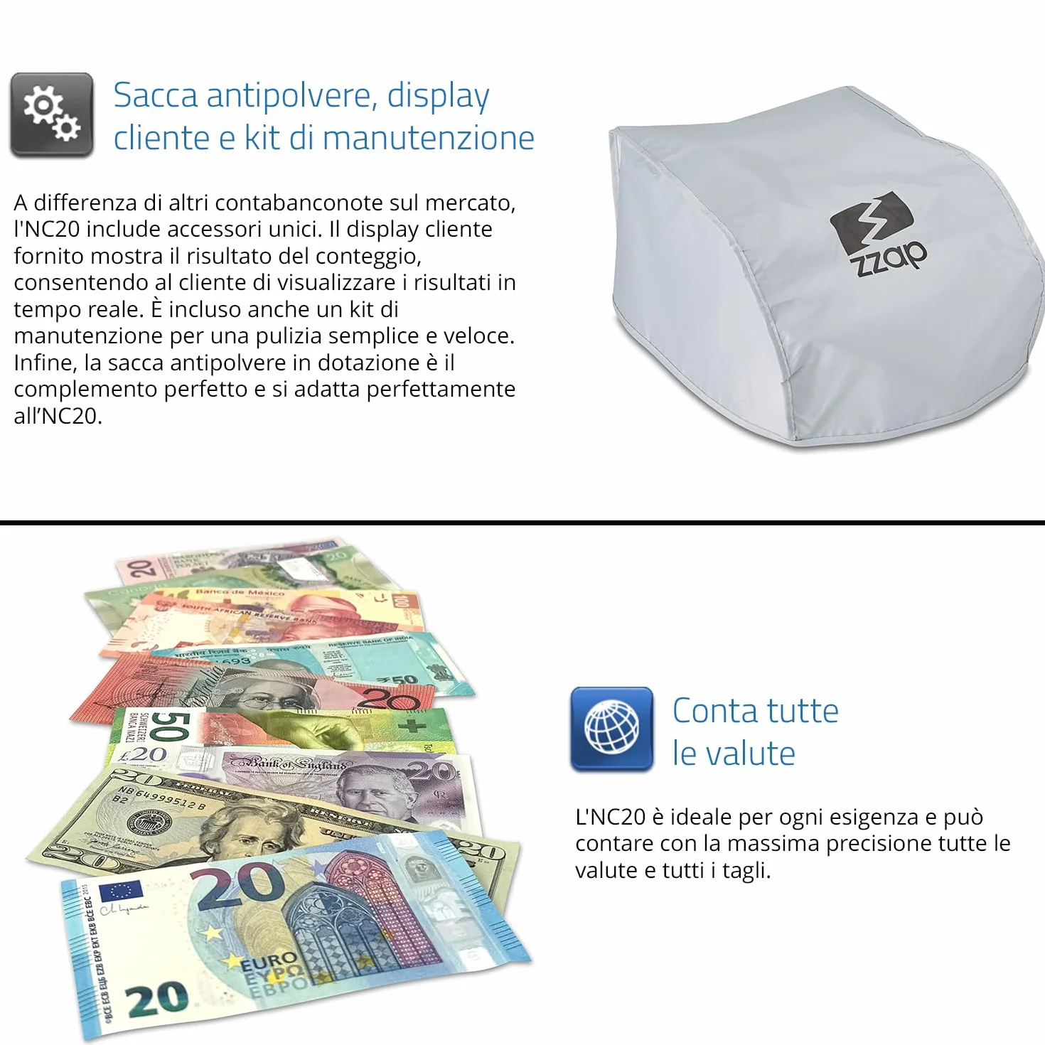 ZZap NC20 Contabanconote - Conta 1.000 banconote al minuto, Conteggio in lotti, conta tutte le valute del mondo e altro ancora!