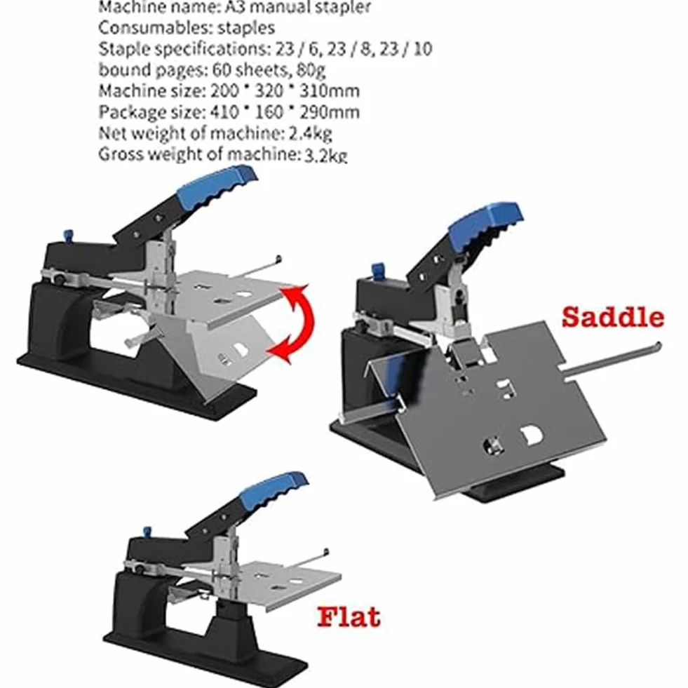Cucitrice da scrivania resistente, rilegatrice manuale piatta, formato A3/A4, capacità 60 fogli, pinzatrice per opuscoli per ufficio e casa, ideale per rilegatura di libri e brochure