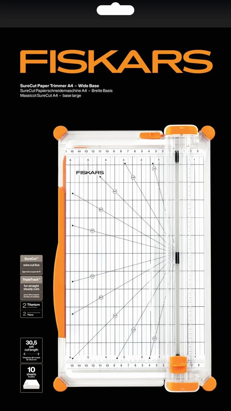 Fiskars Taglierina SureCut, A4, Base Larga, Taglierina Grande per Carta con Guida alla Linea di Taglio, Bianco/Arancio, 1077980