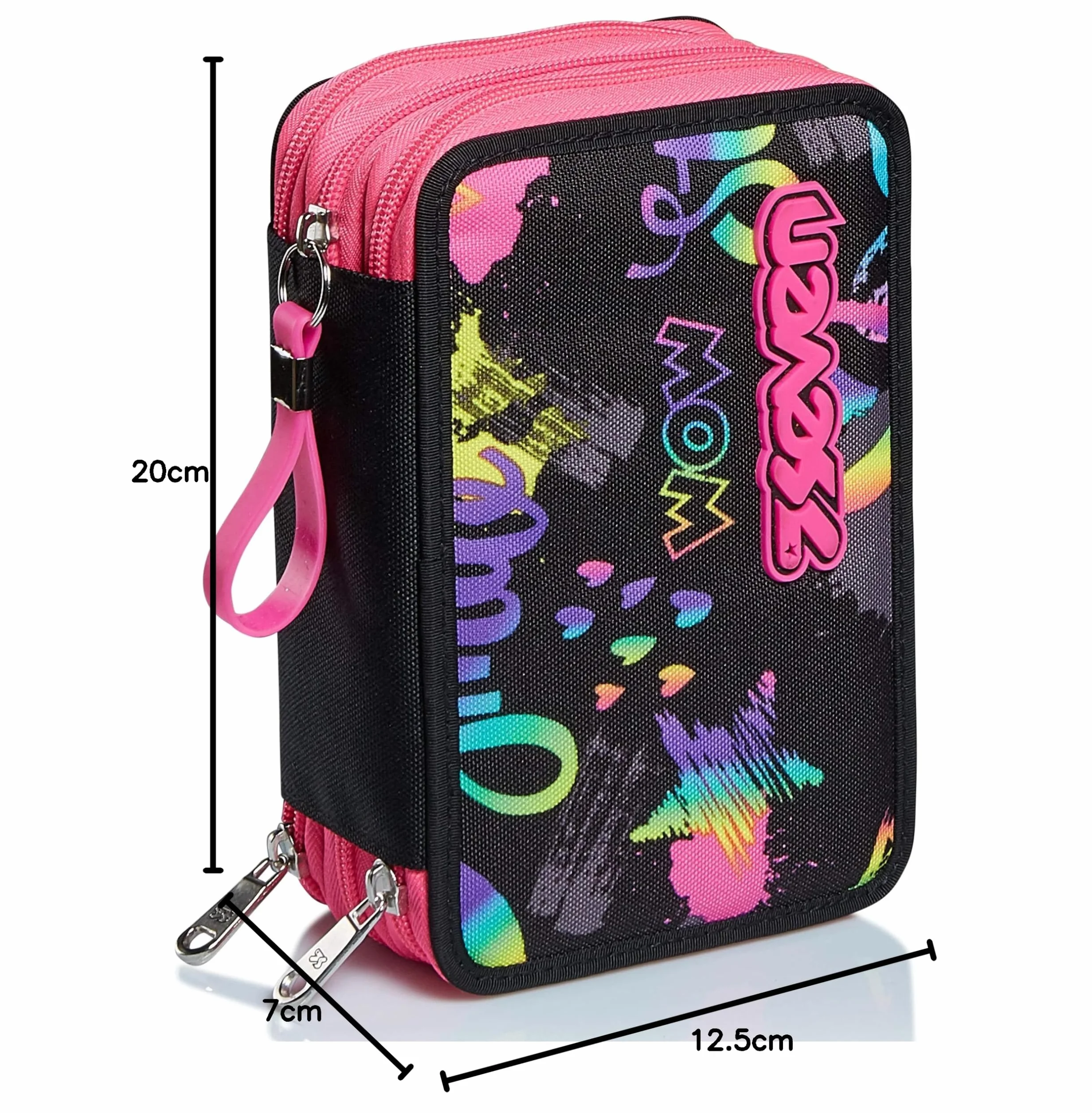 Seven Astuccio Scuola Elementare, 3 scomparti, Medie, con Matite, Pennarelli, Penne, 3 Zip, Iridescent, Bambina e Ragazza, rosa/nero