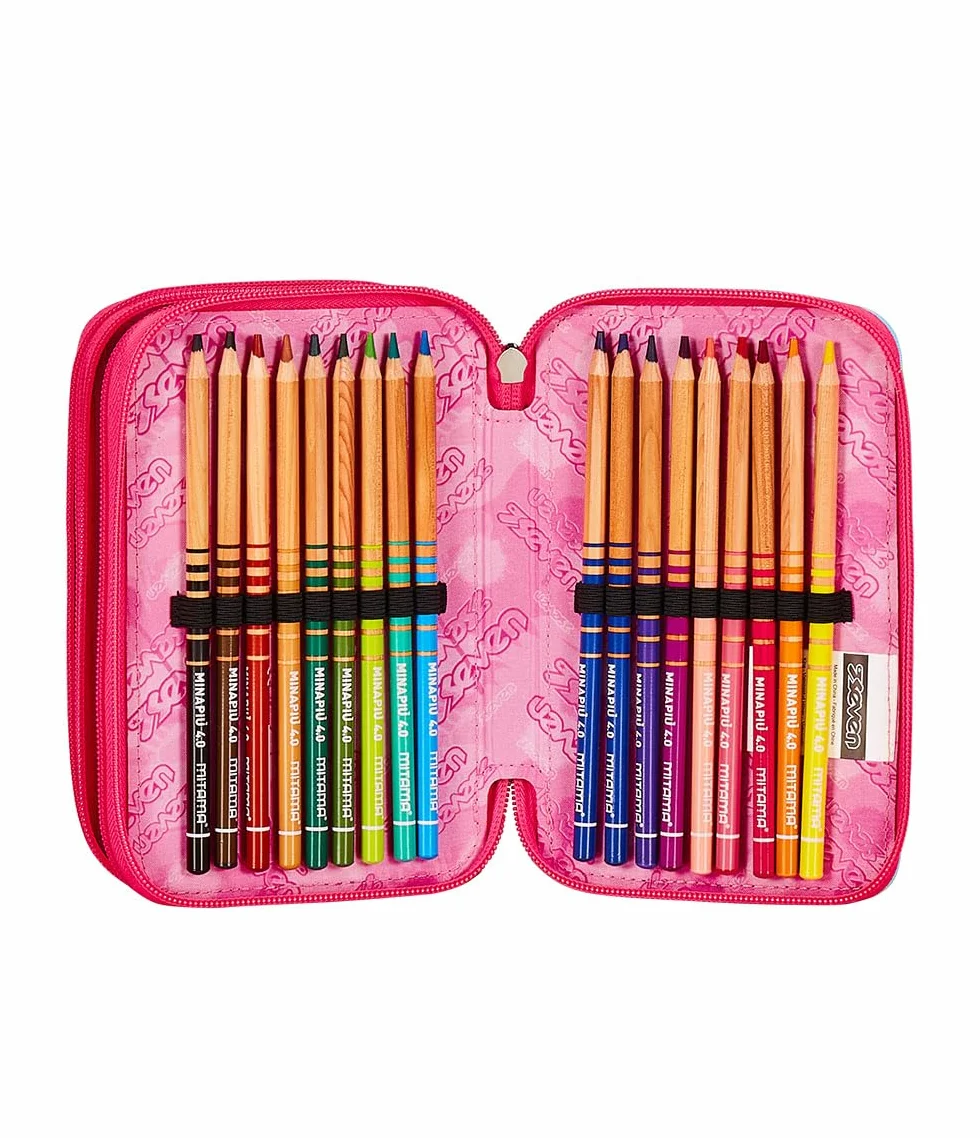 Seven Astuccio Scuola Elementare, 3 scomparti, Medie, con Matite, Pennarelli, Penne, 3 Zip, Jump Love, Bambina e Ragazza, multicolore