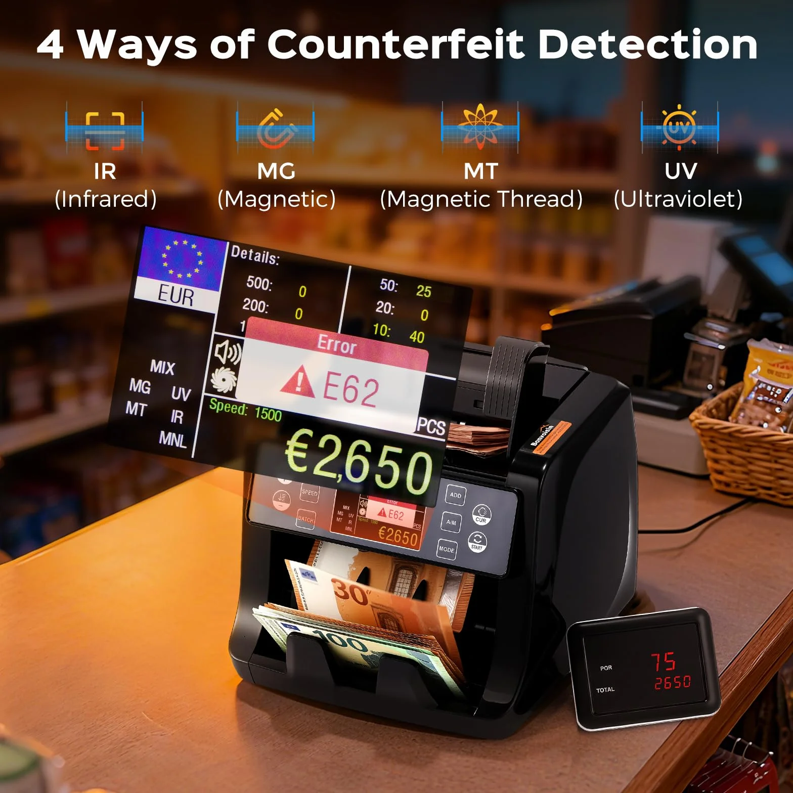 Bonvoisin Conta Banconote, Conteggio del Valore per Banconote Miste in Euro con Rilevamento di Contraffazione UV/MG/IR/MT, 1500 Pezzi/min, Macchina Conta Soldi Professionale con TFT e Display Esterno