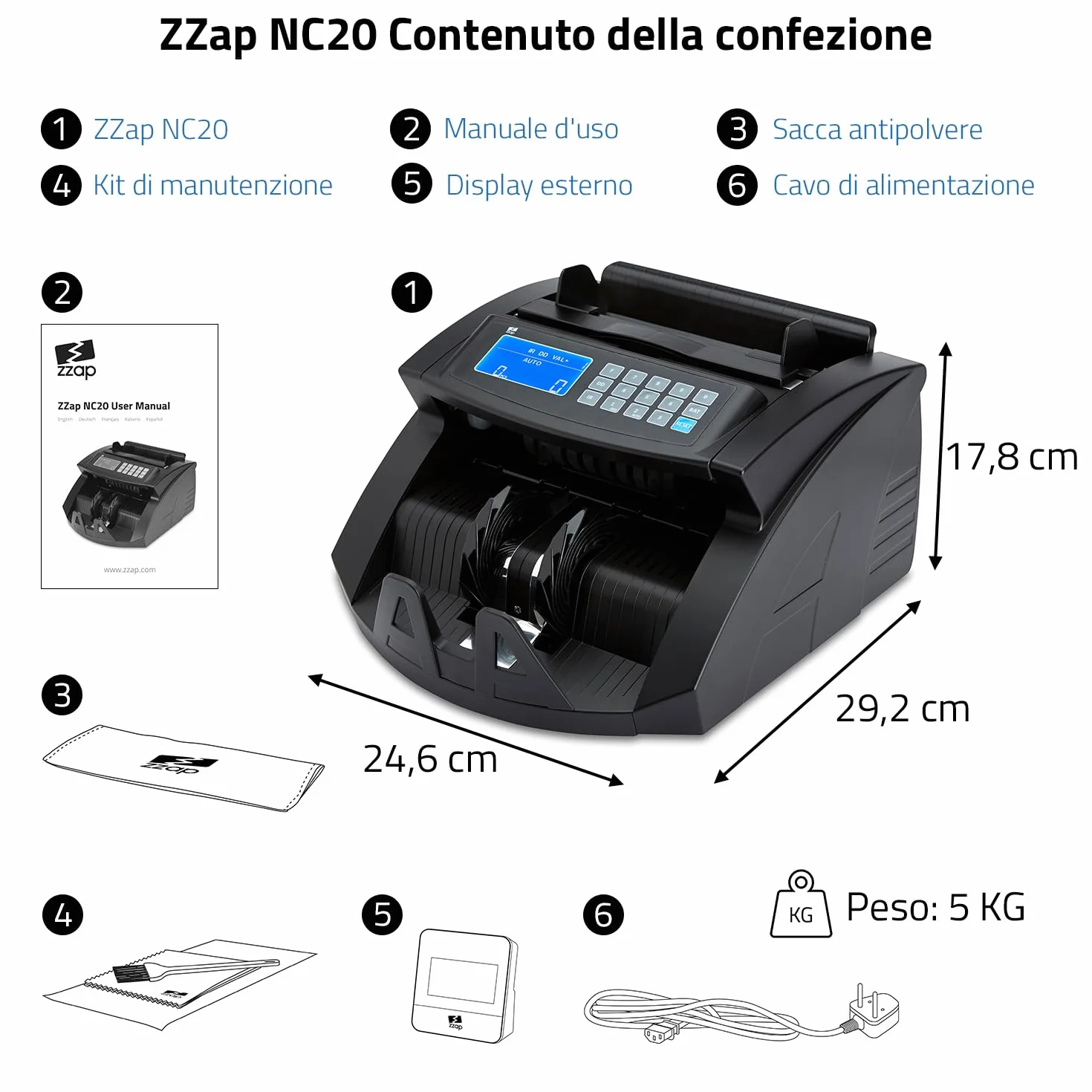 ZZap NC20 Contabanconote - Conta 1.000 banconote al minuto, Conteggio in lotti, conta tutte le valute del mondo e altro ancora!