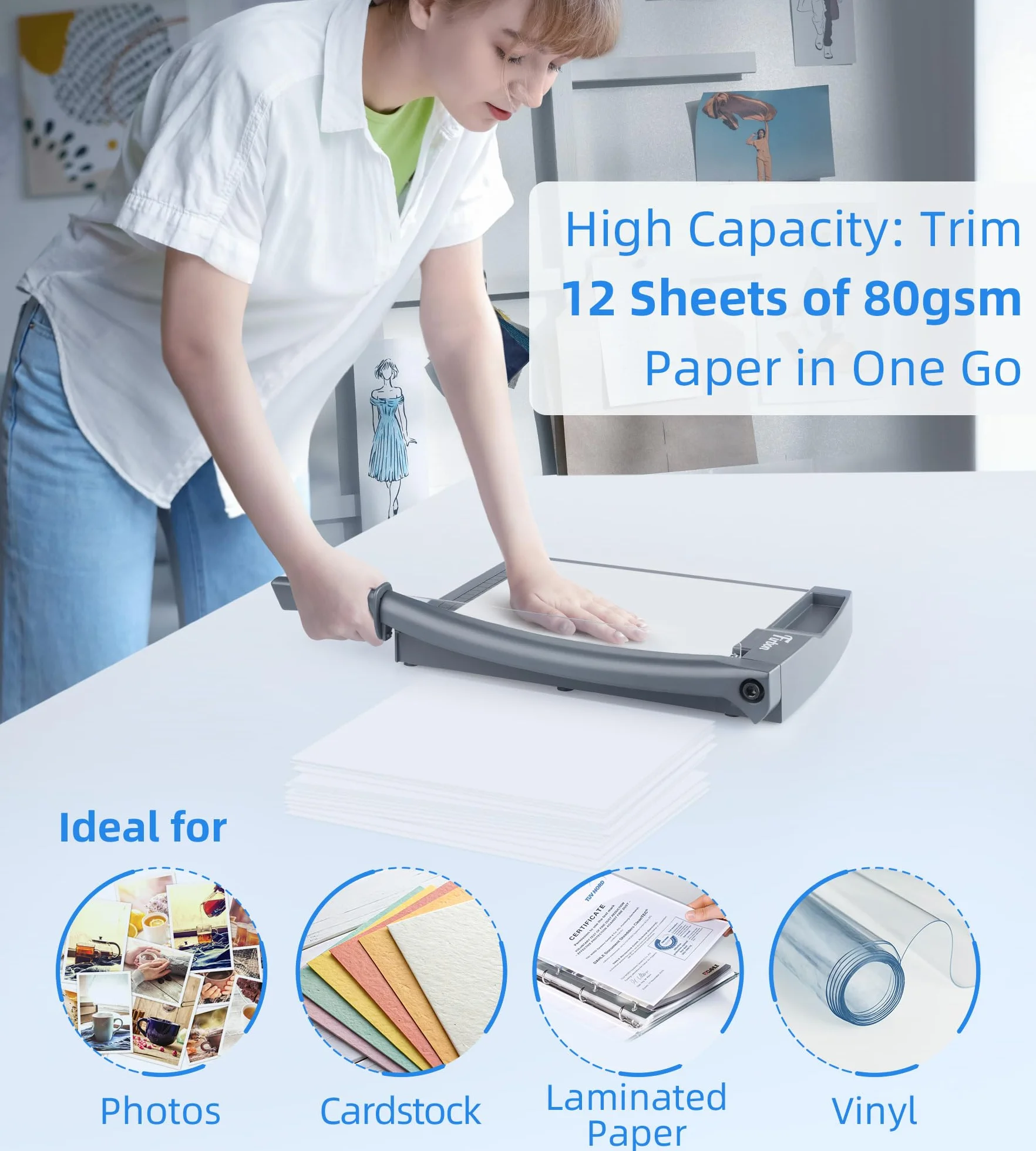Firbon Taglierina per Carta a Ghigliottina 30 cm, Tagliacarte Professionale con Capacità fino a 12 Fogli (80 g/m²), Sistema di Sicurezza e Blocco Lama per Foto, Cartoncino, Ufficio e Scuola