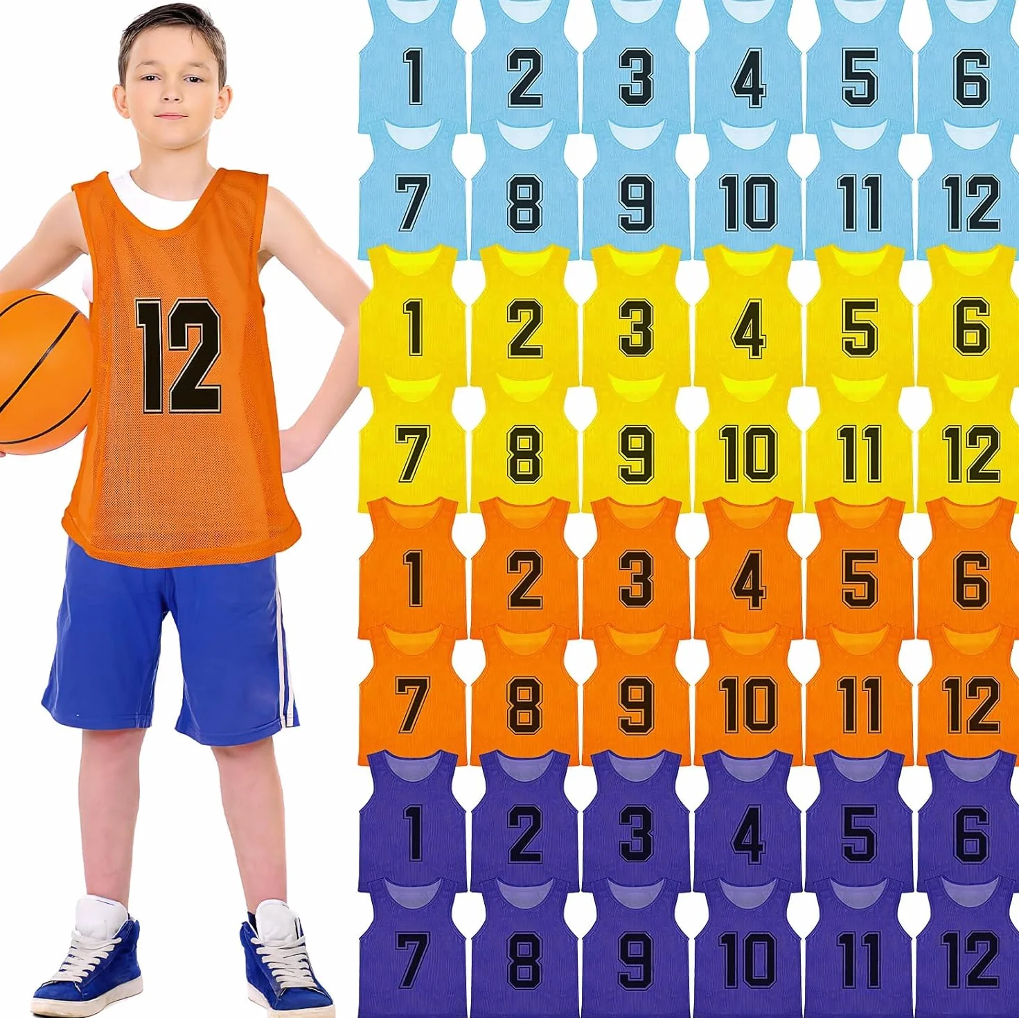Pinnies Sport di Squadra Scrimmage Vest Calcio Allenamento Bavaglini Reversibili Numerati 48 Pezzi
