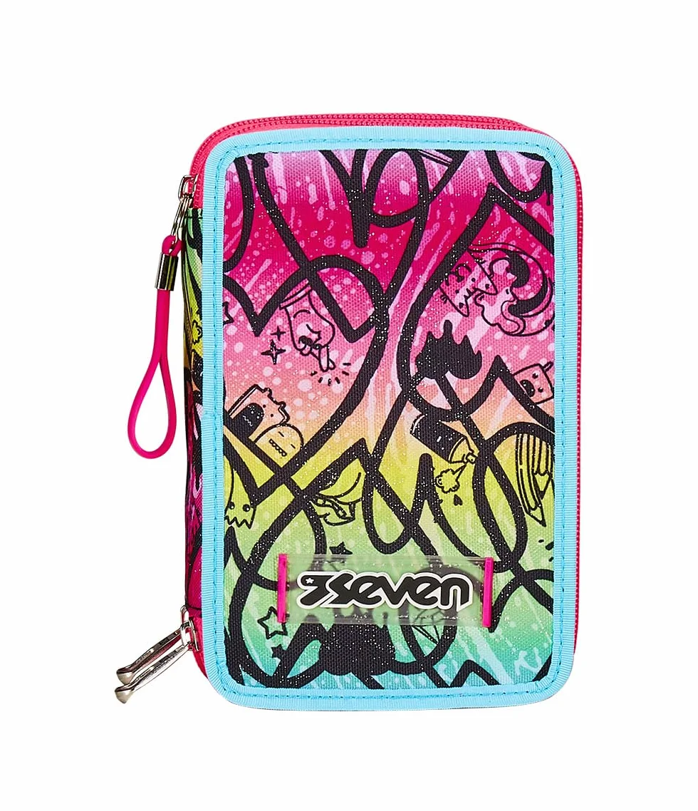 Seven Astuccio Scuola Elementare, 3 scomparti, Medie, con Matite, Pennarelli, Penne, 3 Zip, Jump Love, Bambina e Ragazza, multicolore