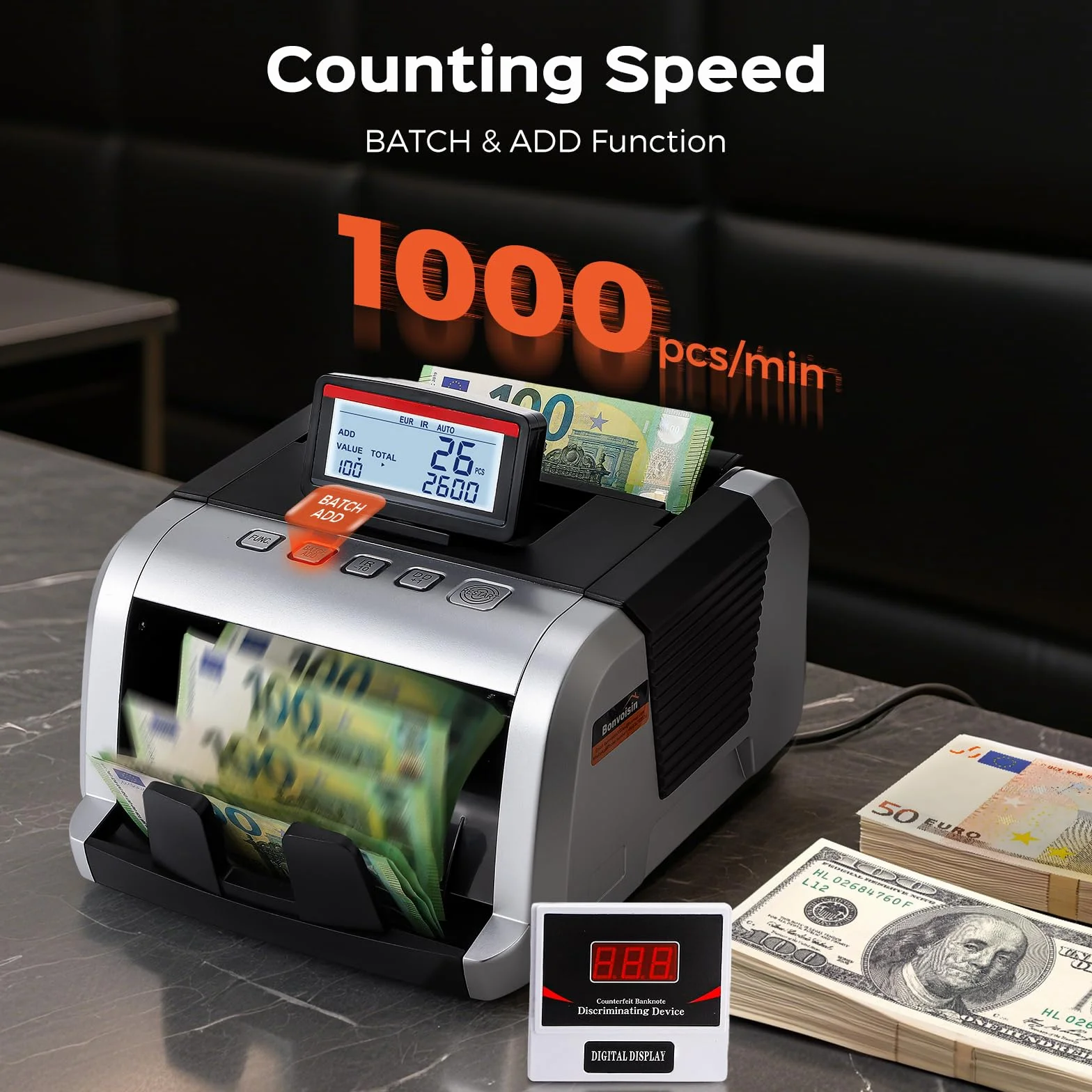 Bonvoisin Conta Banconote, Conteggio di Valore per Banconote Ordinate, Macchina Conta Soldi con Rilevamento di Contraffazione UV/MG/IR, 1000 Pezzi/Min Contabanconote con Display Pieghevole e Ruotabile