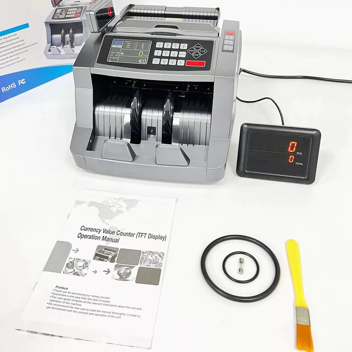 Contatore di banconote con display a LED, conteggio valori misti in euro con rilevamento delle banconote false UV/MG/IR, conta 1000 banconote al minuto