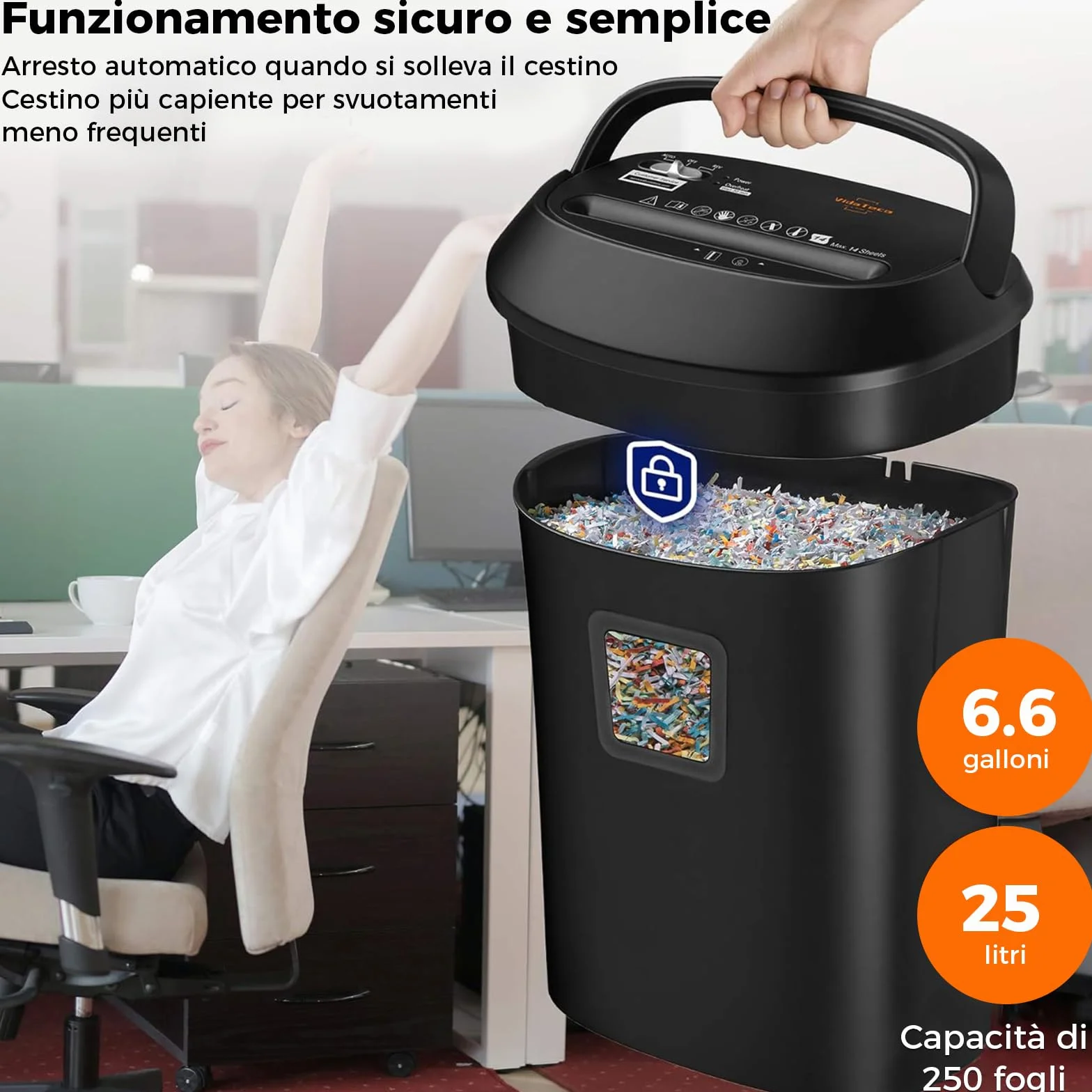 Tritacarte Distruggi documenti ufficio, VidaTeco Trituratore a 14 Fogli a Taglio Incrociato con Funzione Distruggi CD e Carte di Credito, Design con Impugnatura Portatile e Cestino da 25 litri