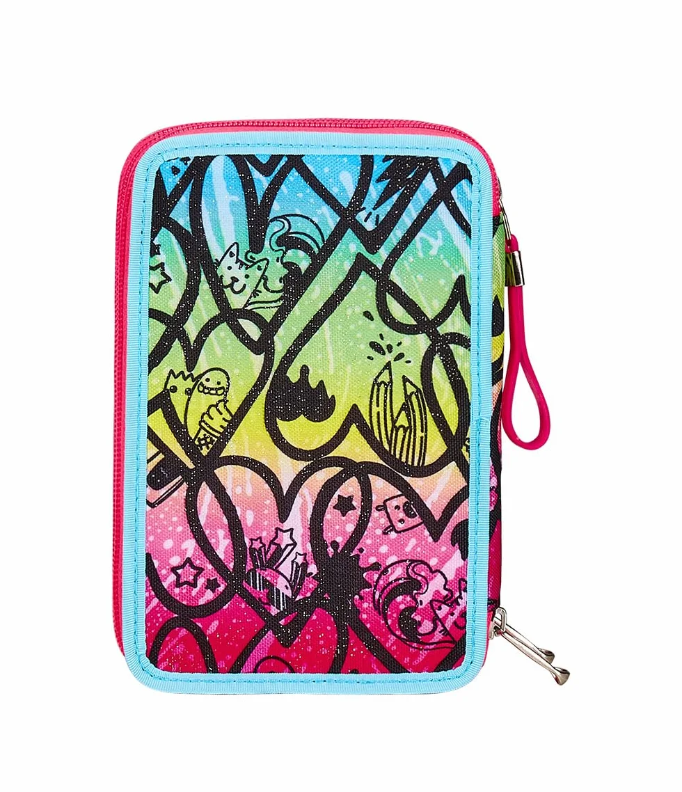 Seven Astuccio Scuola Elementare, 3 scomparti, Medie, con Matite, Pennarelli, Penne, 3 Zip, Jump Love, Bambina e Ragazza, multicolore