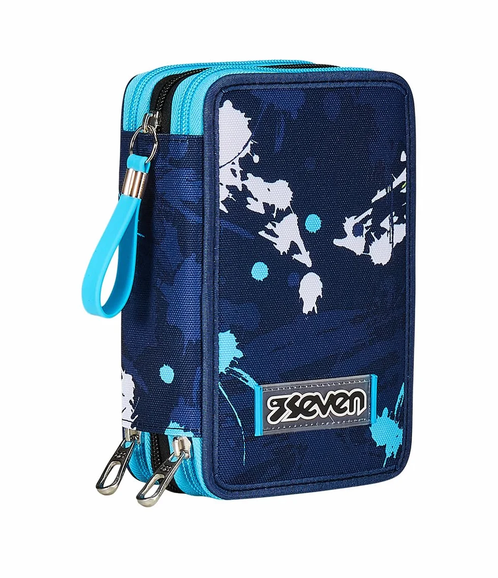 Seven Astuccio Scuola Elementare, 3 scomparti, Medie, con Matite, Pennarelli, Penne, 3 Zip, Spotty Blue, Bambino, Ragazzo, blu/bianco
