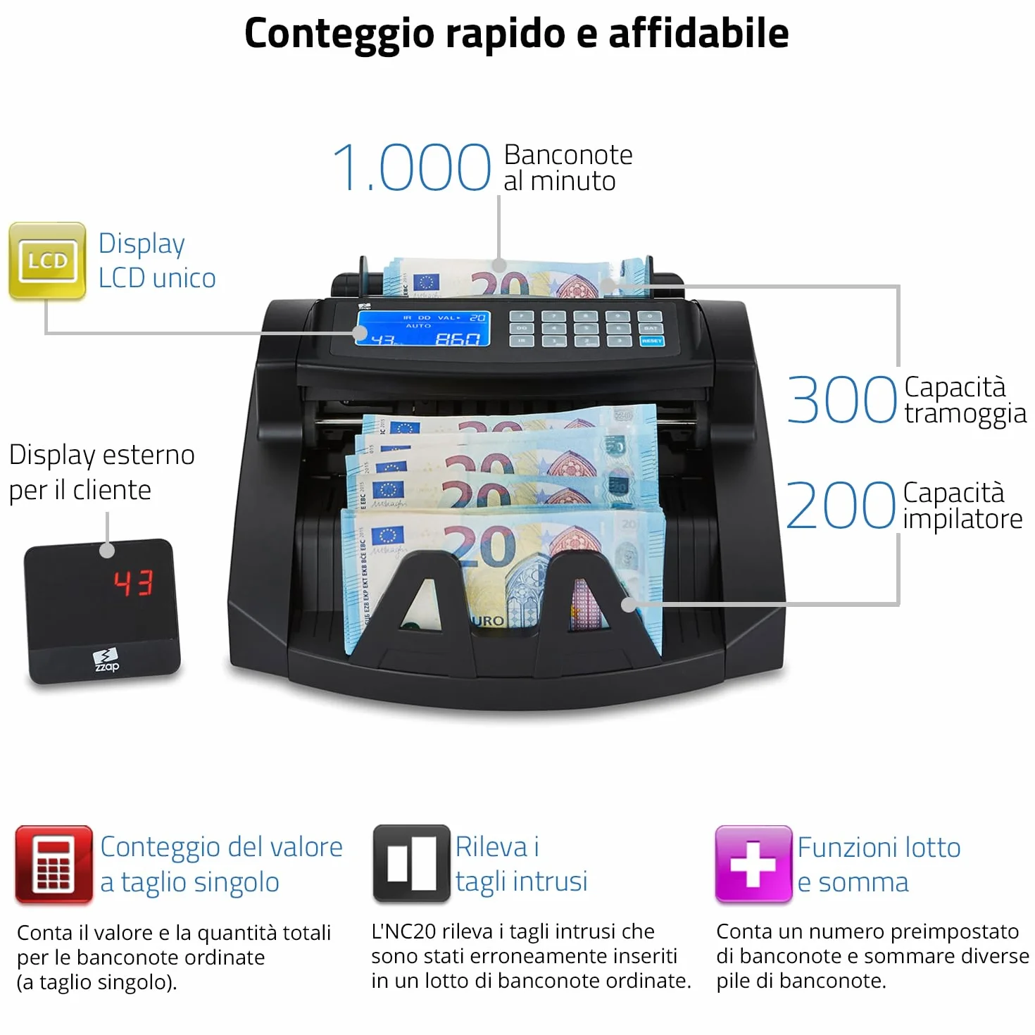 ZZap NC20 Contabanconote - Conta 1.000 banconote al minuto, Conteggio in lotti, conta tutte le valute del mondo e altro ancora!