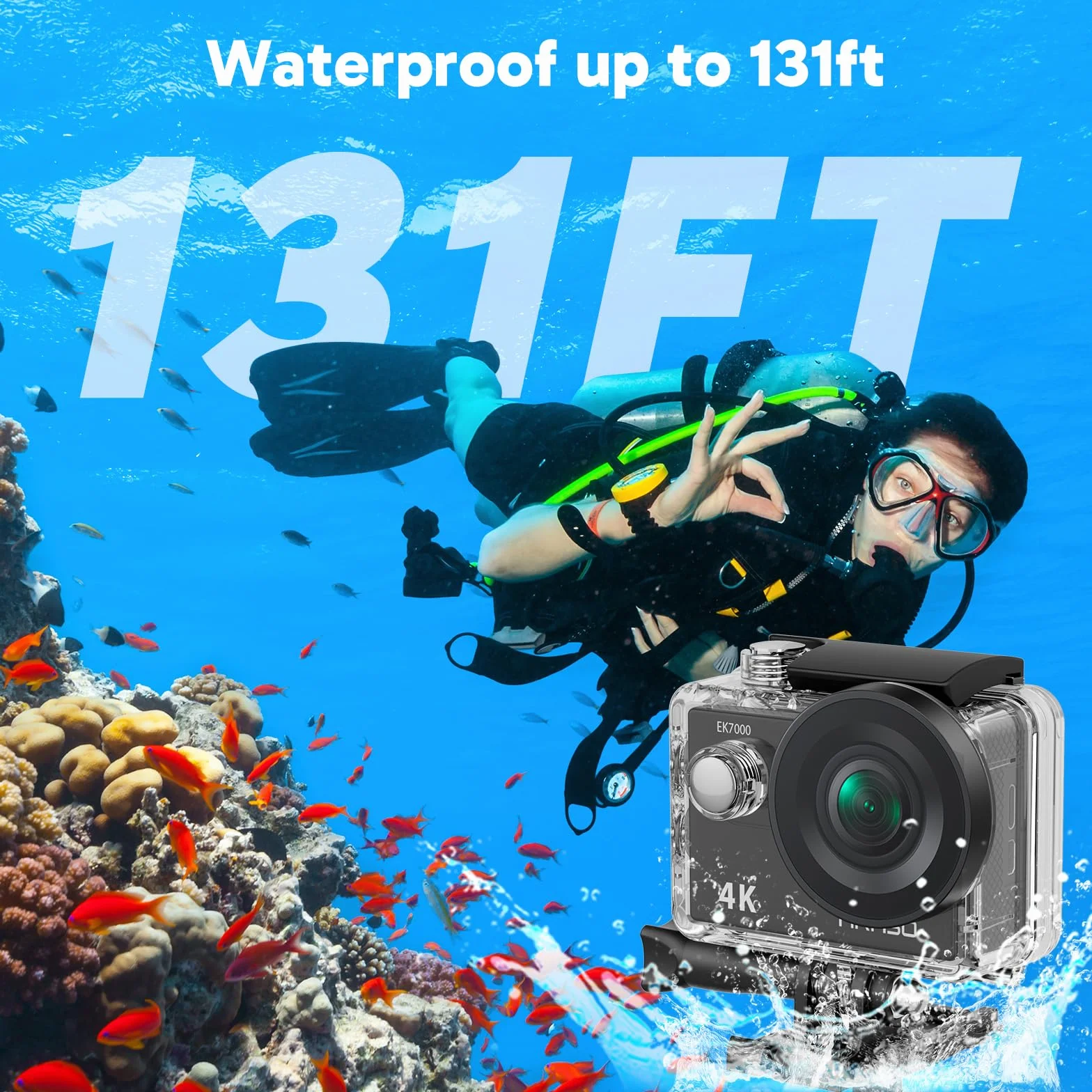 AKASO EK7000 Action Cam 4K WiFi Impermeabile 30M con Scheda 64GB, Fotocamera Subacquea WiFi 20MP, Microfono Esterno, Telecomando, 2 Batterie 1050 mAh, Accessori per Sport