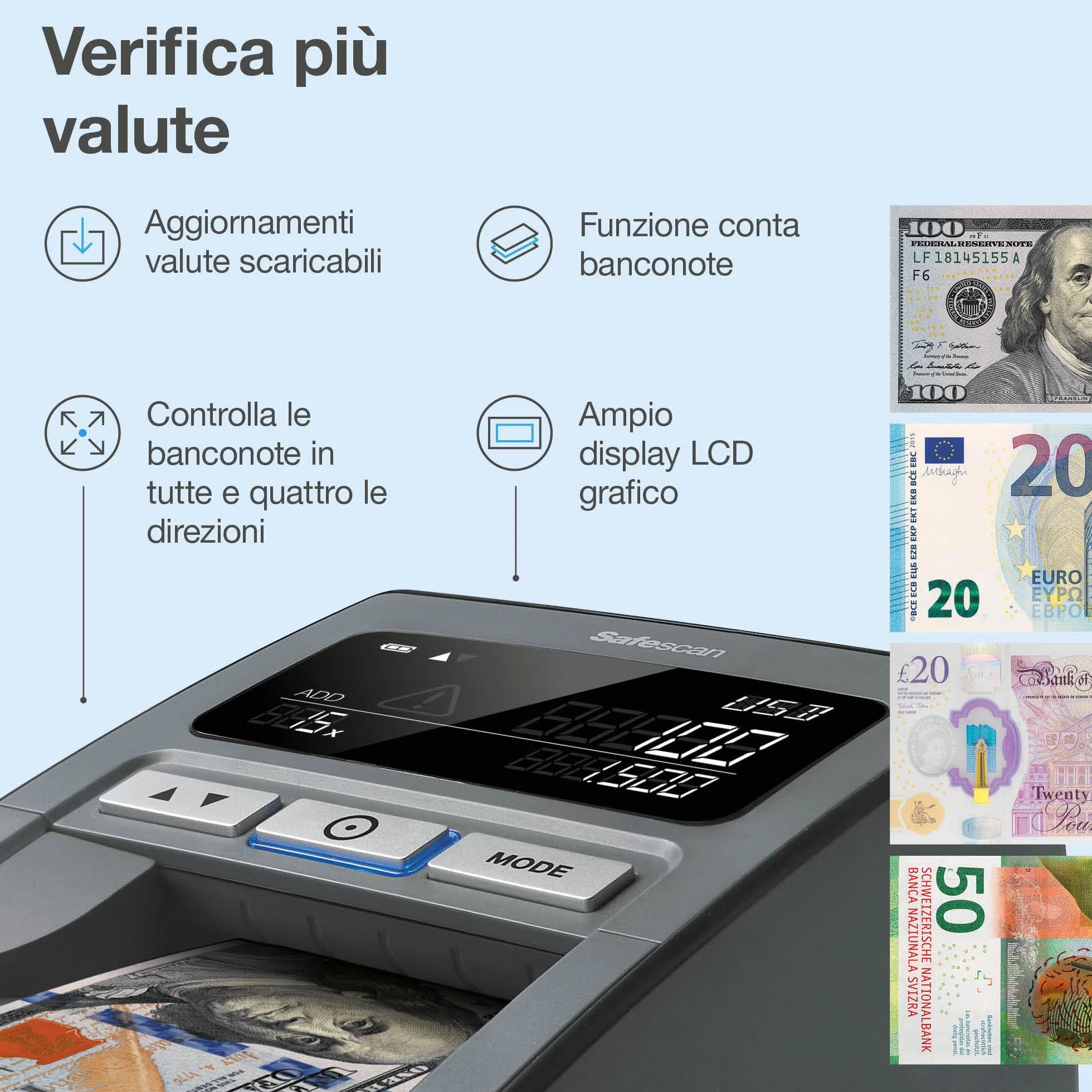 Safescan 185-S Verifica banconote false automatico che verifica rapidamente le banconote, Inclusi dollari americani, Verificatore del falso a 7 punti, Accurato Verifica banconote al 100%