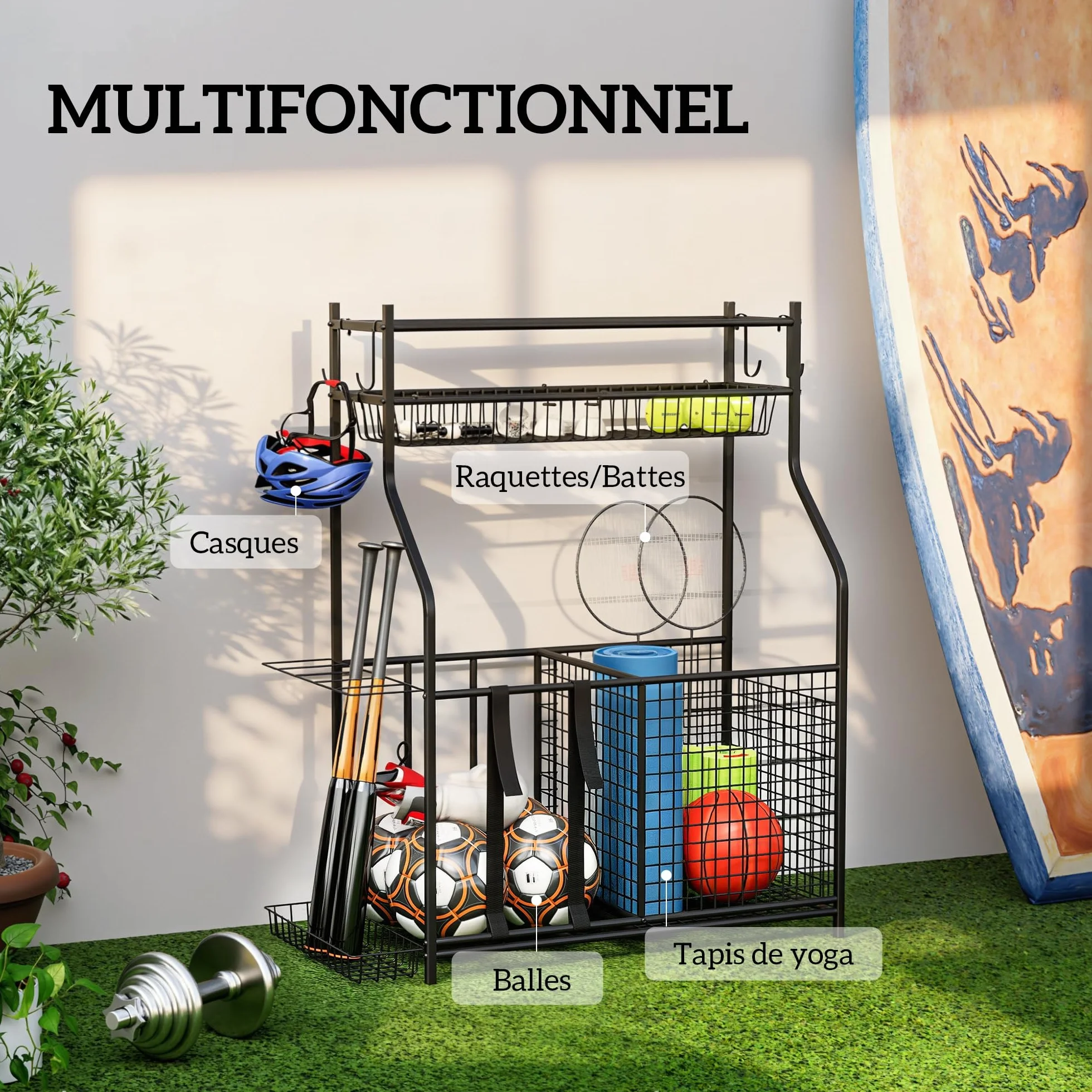SPORTNOW Contenitore per Attrezzature Sportive, Organizzatore con Cestini e Ganci, Nero