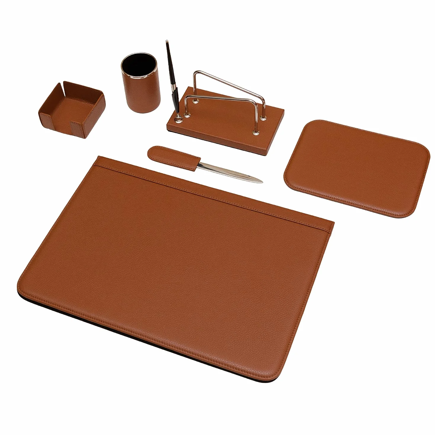 Set da Scrivania 6 Pezzi - 100% Pelle Pieno Fiore - Fatto a Mano in Italia da Esperti Artigiani - Elegante e Funzionale, ideale per l'Ufficio - Cognac