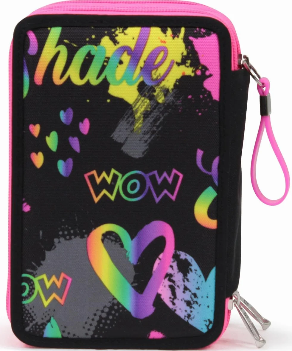 Seven Astuccio Scuola Elementare, 3 scomparti, Medie, con Matite, Pennarelli, Penne, 3 Zip, Iridescent, Bambina e Ragazza, rosa/nero