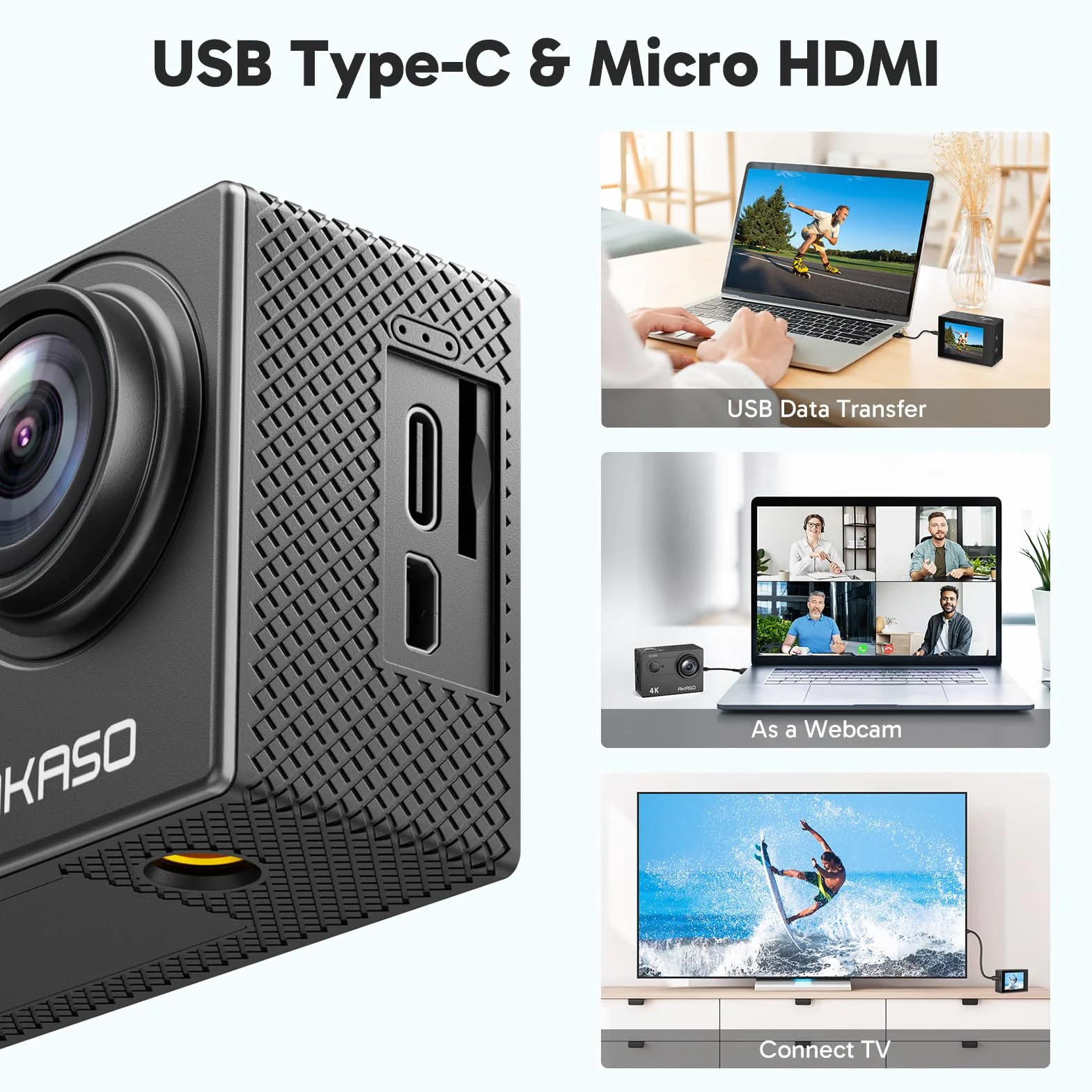 AKASO EK7000 Action Cam 4K WiFi Impermeabile 30M con Scheda 64GB, Fotocamera Subacquea WiFi 20MP, Microfono Esterno, Telecomando, 2 Batterie 1050 mAh, Accessori per Sport