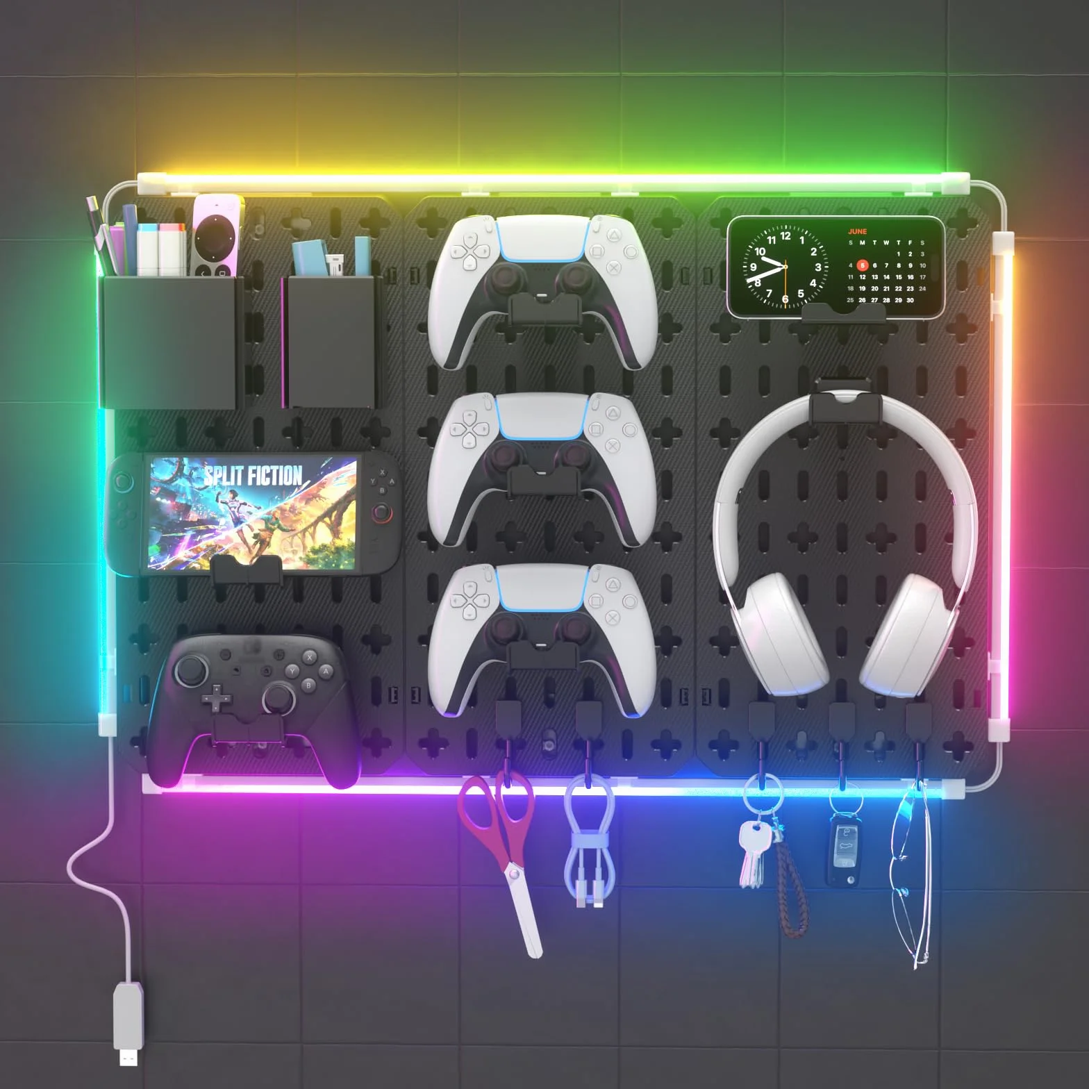 KDD Organizer da Parete Peg Board - Accessori per Pannello Forato 7 in 1 con Strisce LED, Kit Combinato con Supporto per Telefono/Portapenne/Contenitore/Supporto per Cuffie e Controller/Ganci