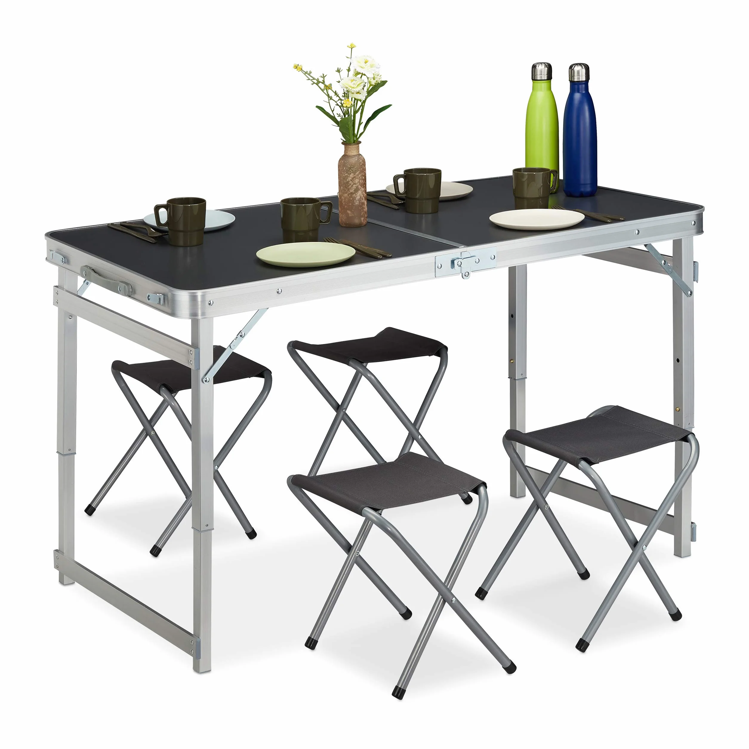 Relaxdays Tavolino da Campeggio, Pieghevole, 4 Sedie, Regolabile in Altezza, 120 x 60 cm, Alluminio, MDF, Argento/Grigio