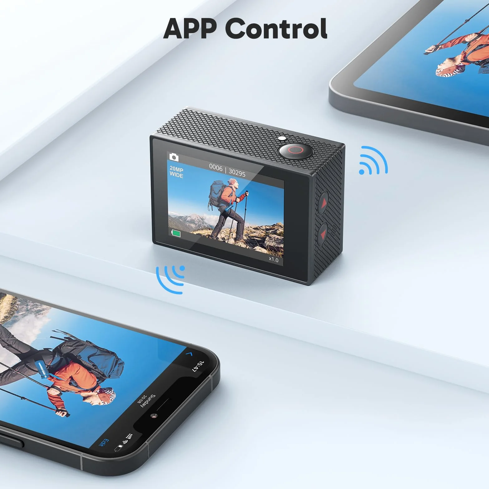 AKASO EK7000 Action Cam 4K WiFi Impermeabile 30M con Scheda 64GB, Fotocamera Subacquea WiFi 20MP, Microfono Esterno, Telecomando, 2 Batterie 1050 mAh, Accessori per Sport